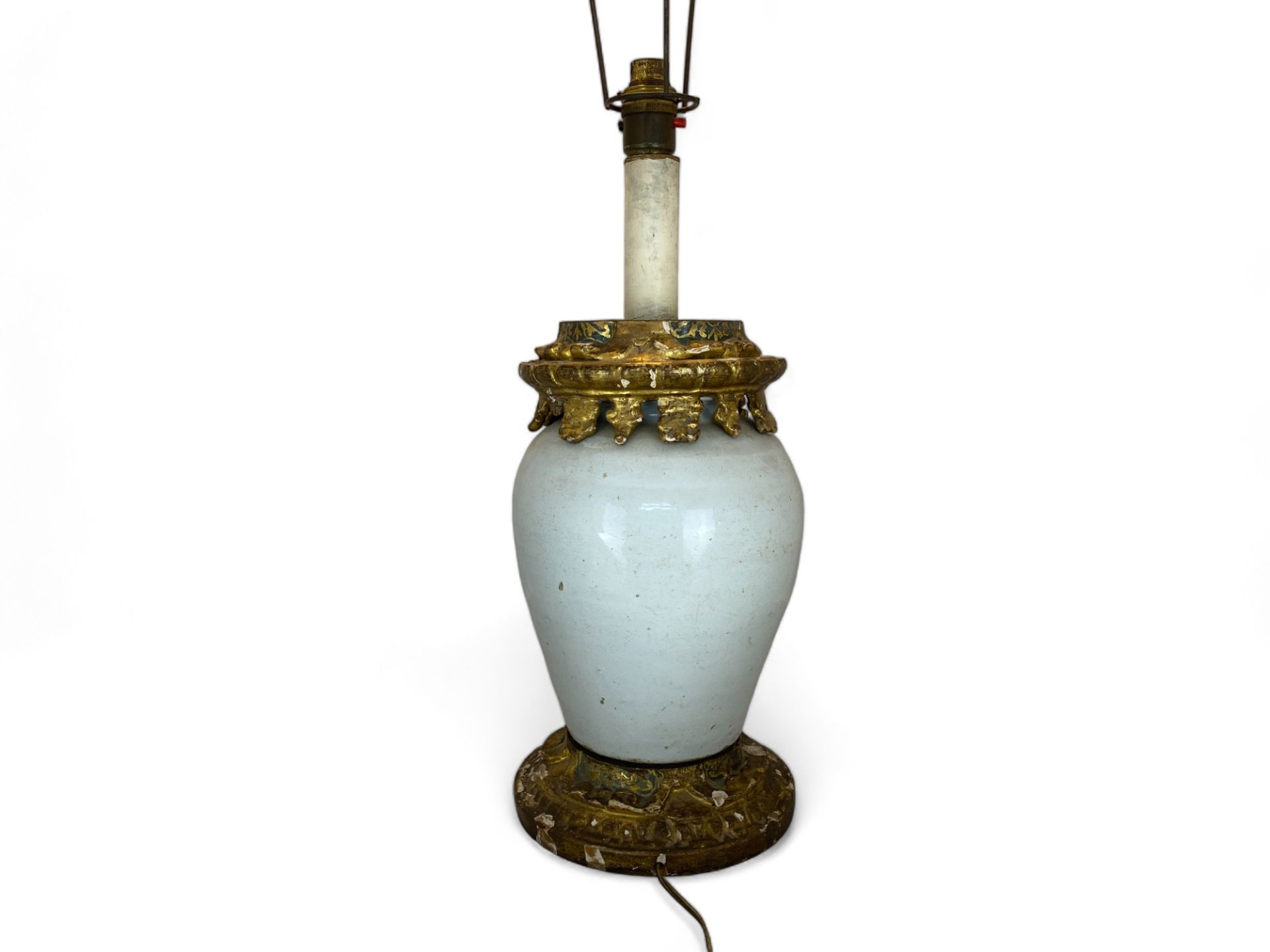 An early 20th century Italian white glazed pottery and giltwood mounted lamp base - Image 9 of 10