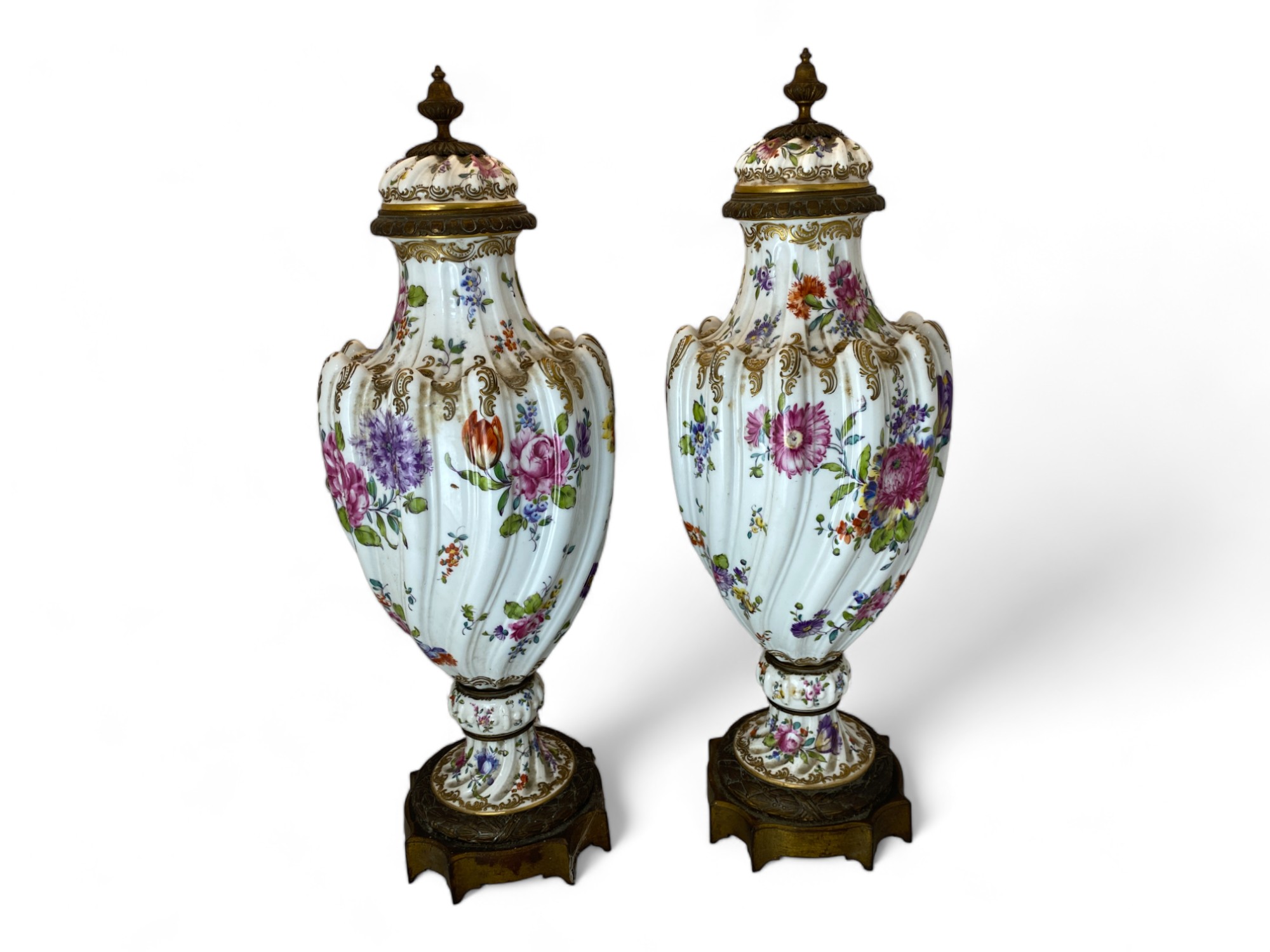 A pair of late 19th century Frankenthal gilt bronze mounted and floral decorated vases and c - Image 2 of 6