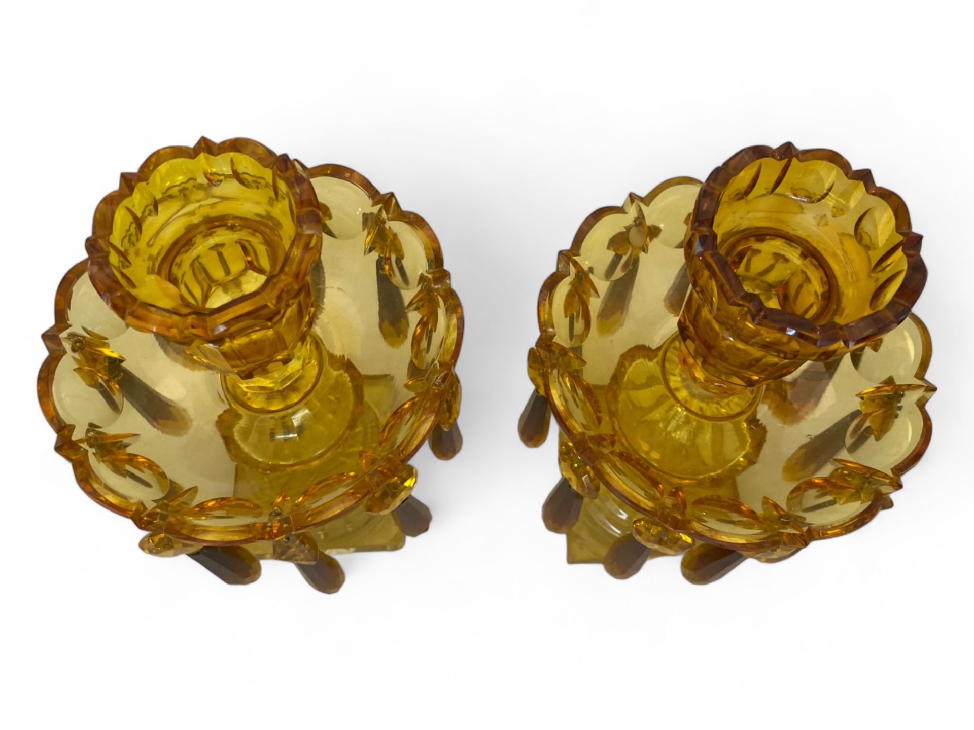 A pair of 19th century amber cut glass table lustres - Image 5 of 7