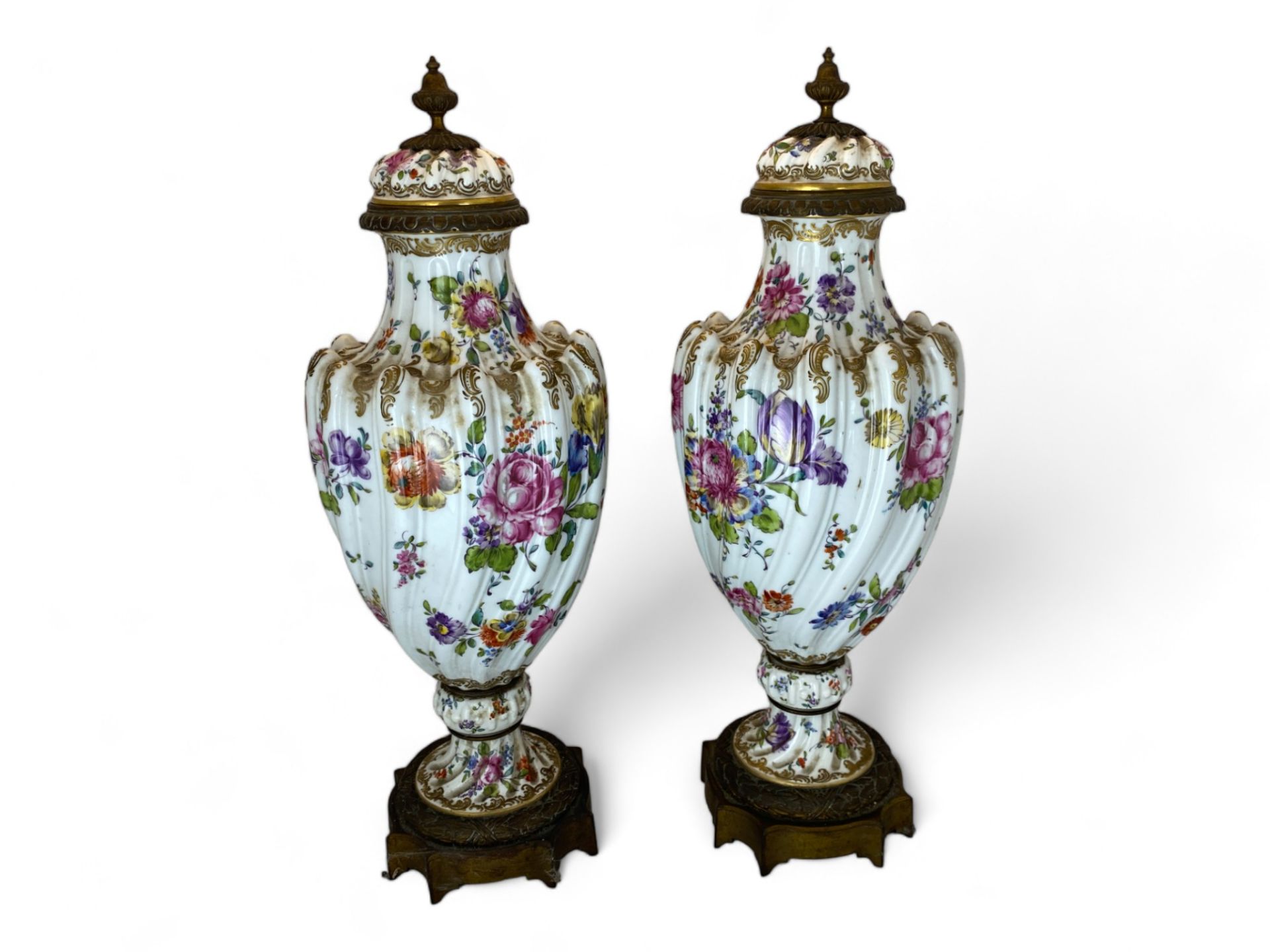 A pair of late 19th century Frankenthal gilt bronze mounted and floral decorated vases and c - Image 3 of 6