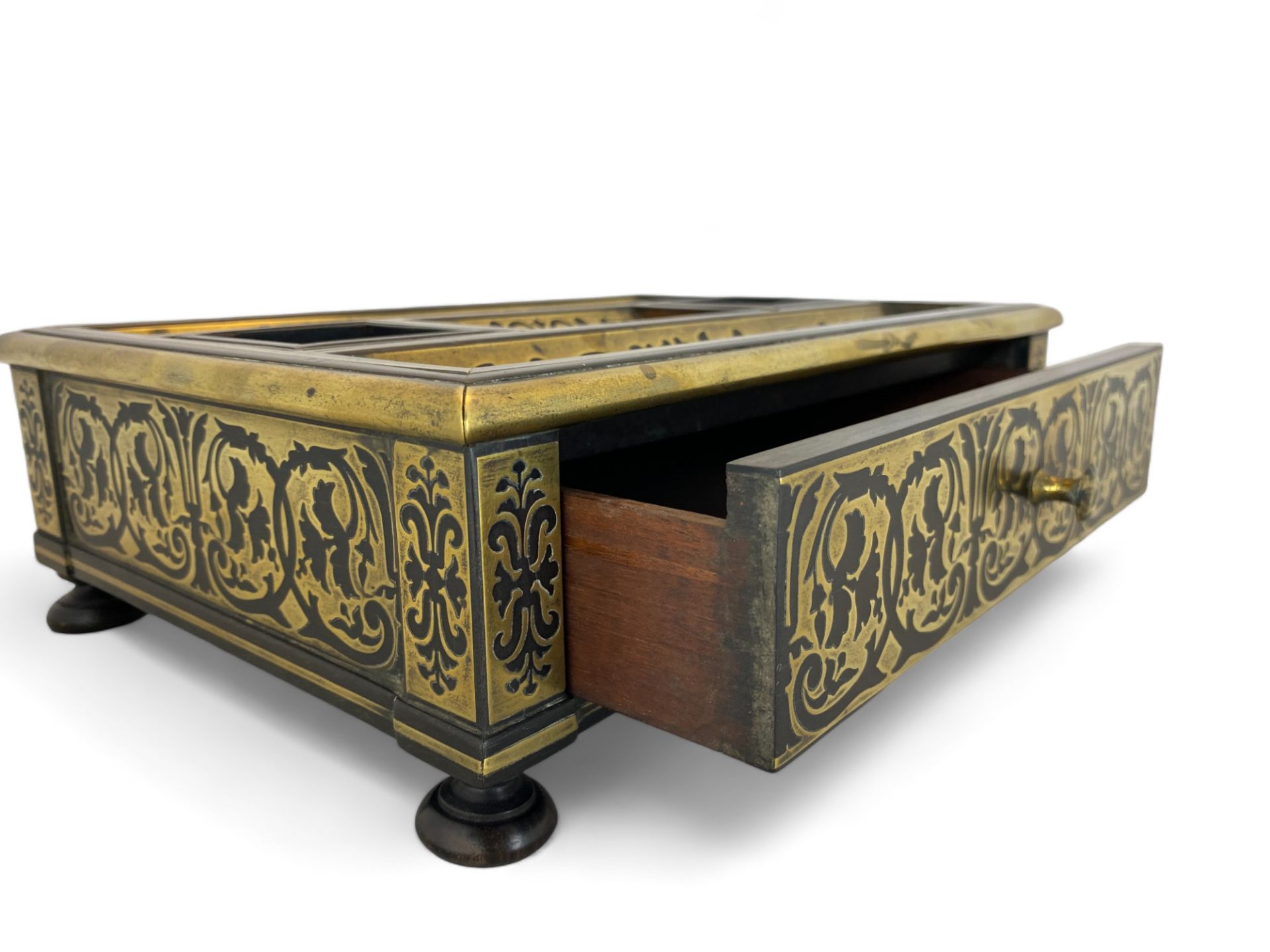 A George IV ebonised and brass marquetry ink stand in the manner of George Bullock - Image 10 of 10