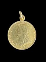 A Victorian full gold sovereign, 1893 as a pendant