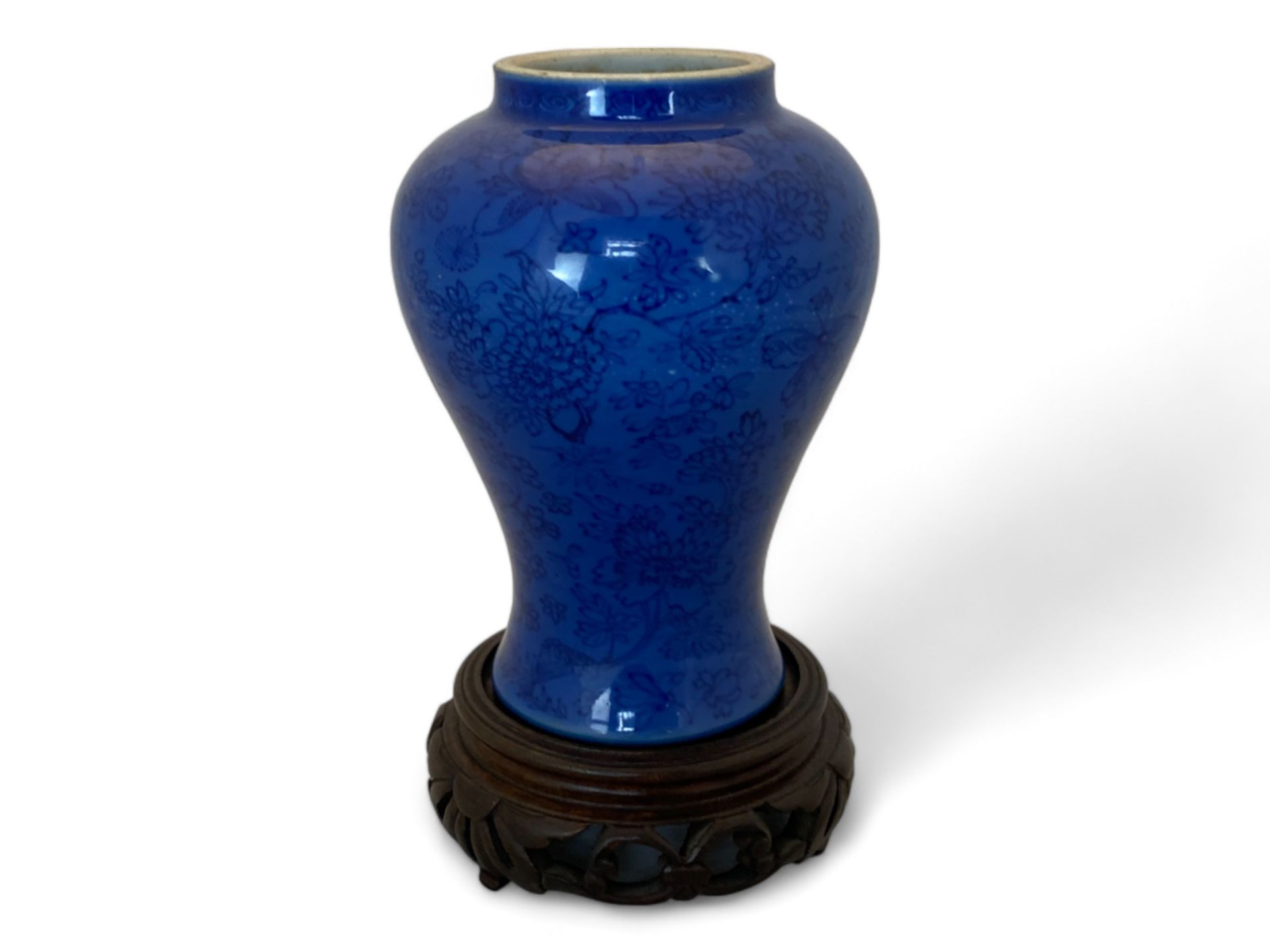 A 19th century Chinese porcelain blue self patterned monochrome baluster vase on a pieced hardwood - Image 3 of 8