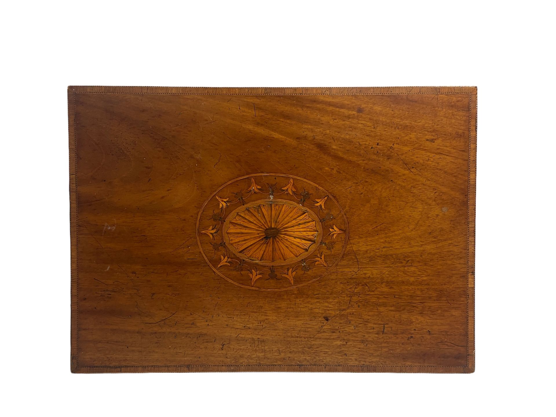 A George III mahogany and tulipwood banded and chequerbanded marquetry work table - Image 5 of 11