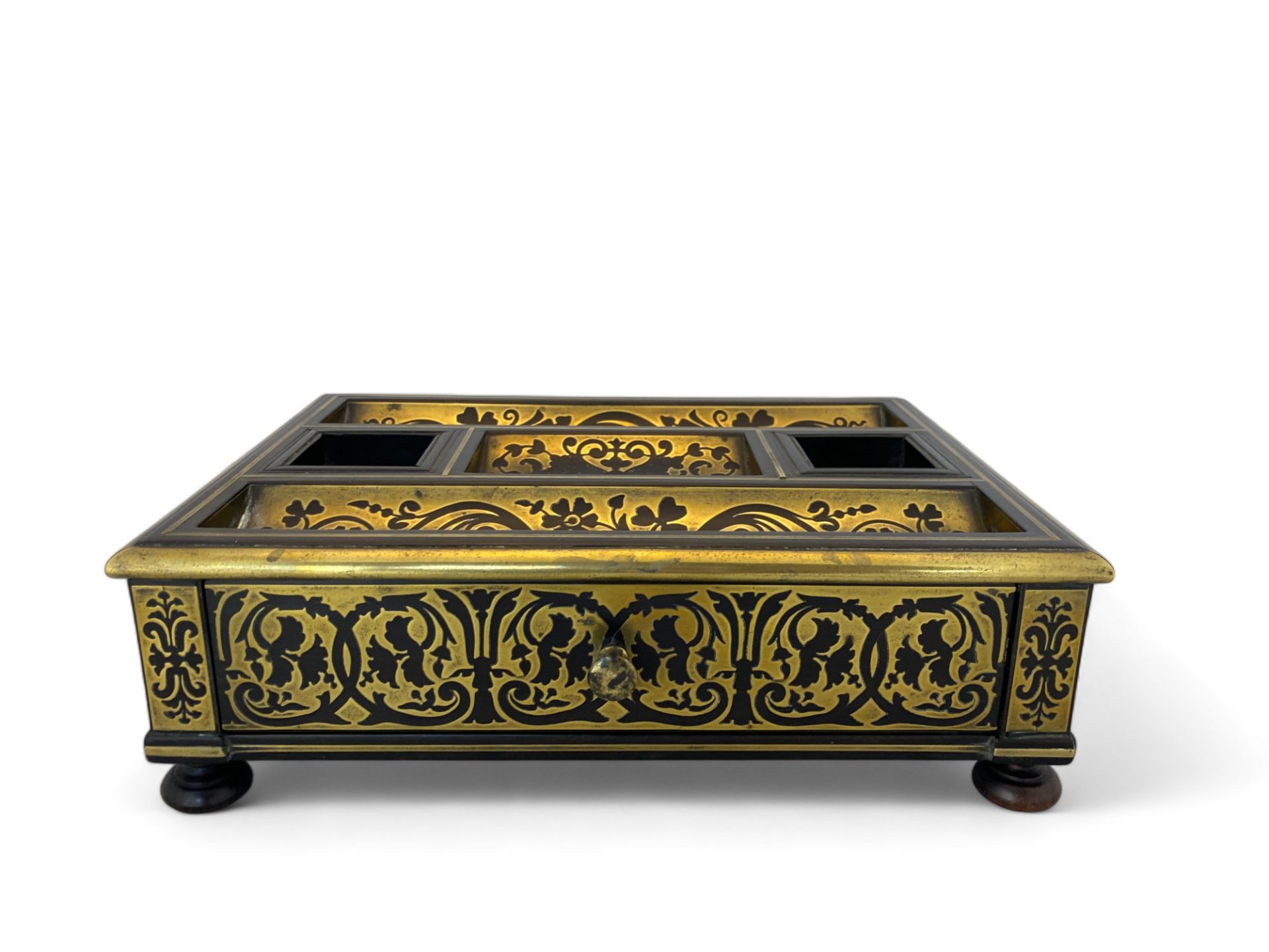 A George IV ebonised and brass marquetry ink stand in the manner of George Bullock - Image 12 of 20