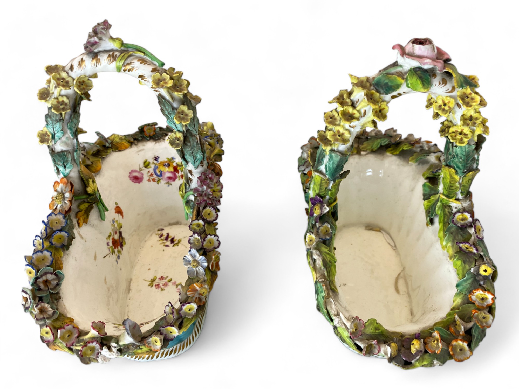 A pair of 19th century Coalbrookdale floral encrusted porcelain basket vases - Image 5 of 6
