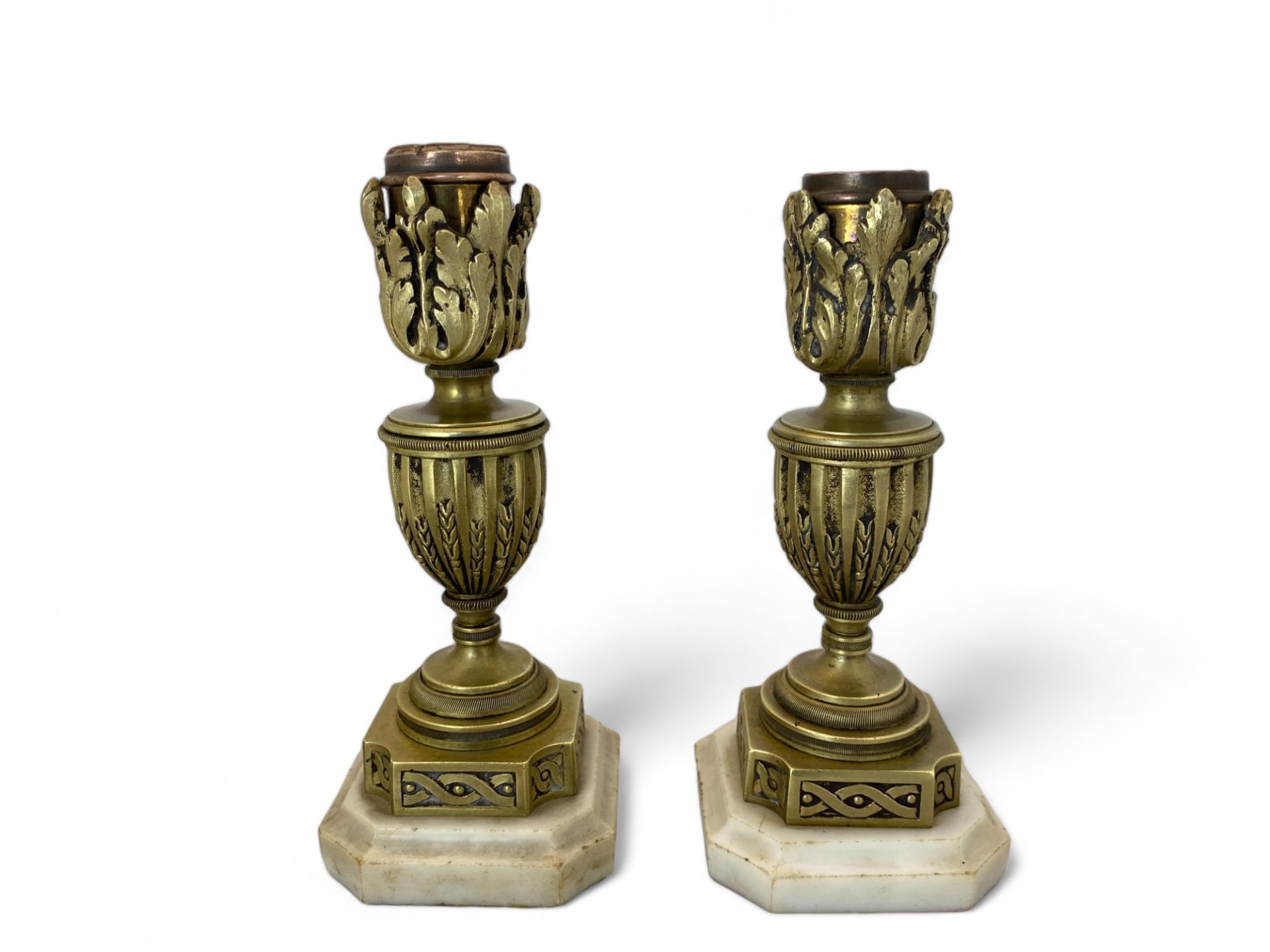 A pair late 19th /early 20th century French small gilt brass candlesticks converted to table lamps - Image 5 of 6