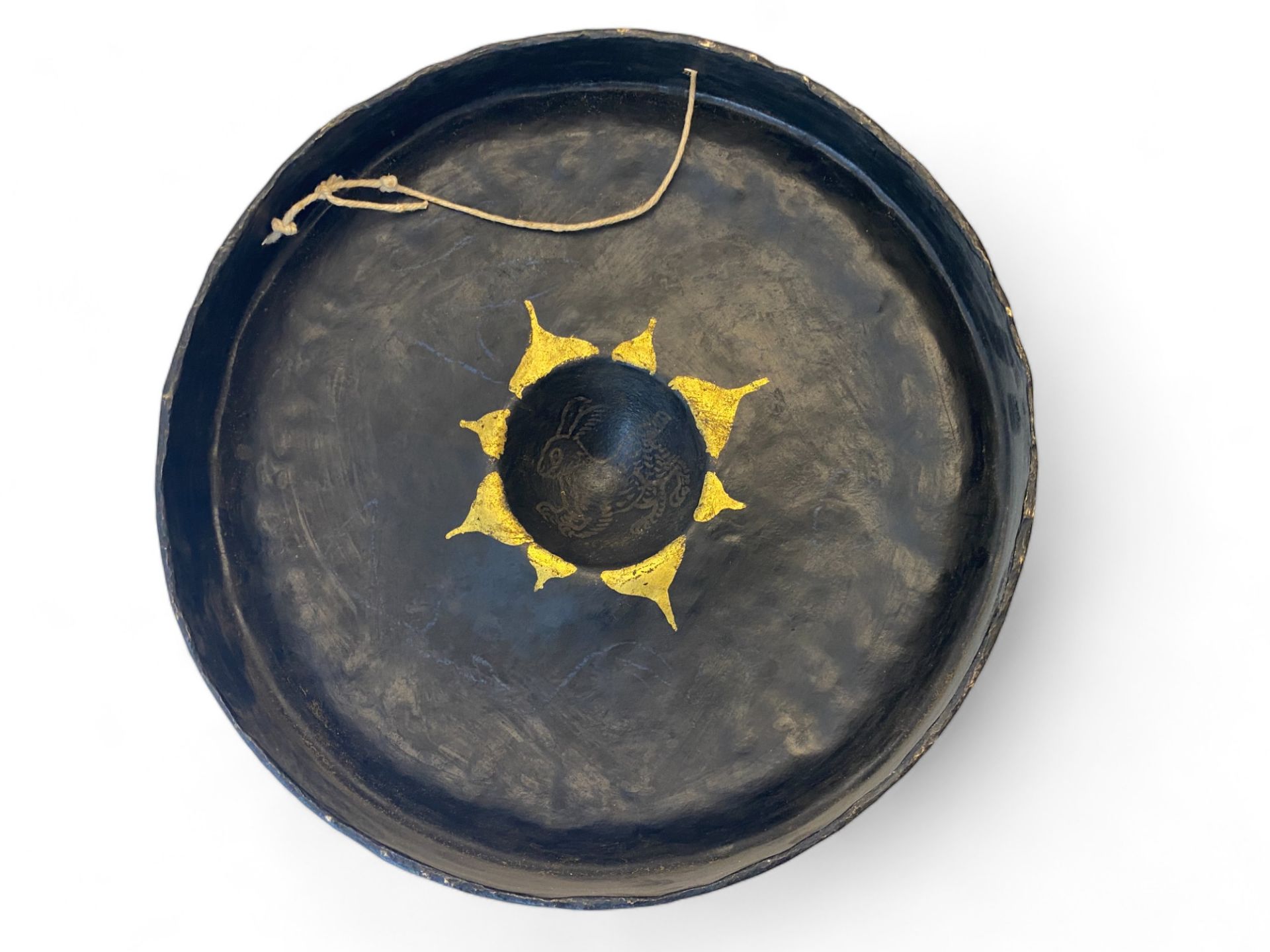 An early 20th century carved Burmese dinner gong, a Burmese large carved hardwood circular tray and - Image 11 of 13