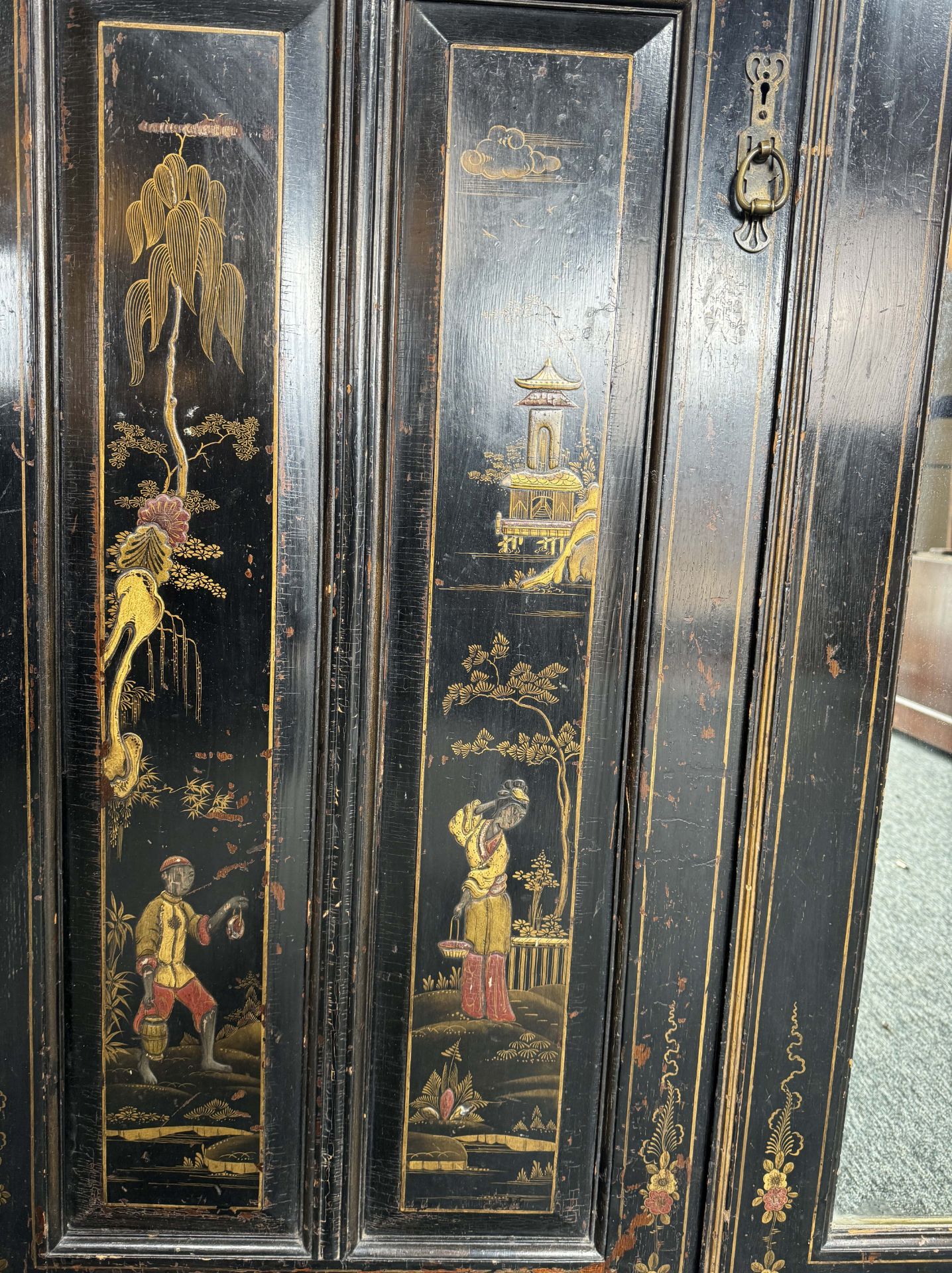 A Victorian Aesthetic period ebonised and decorated triple wardrobe - Image 17 of 20