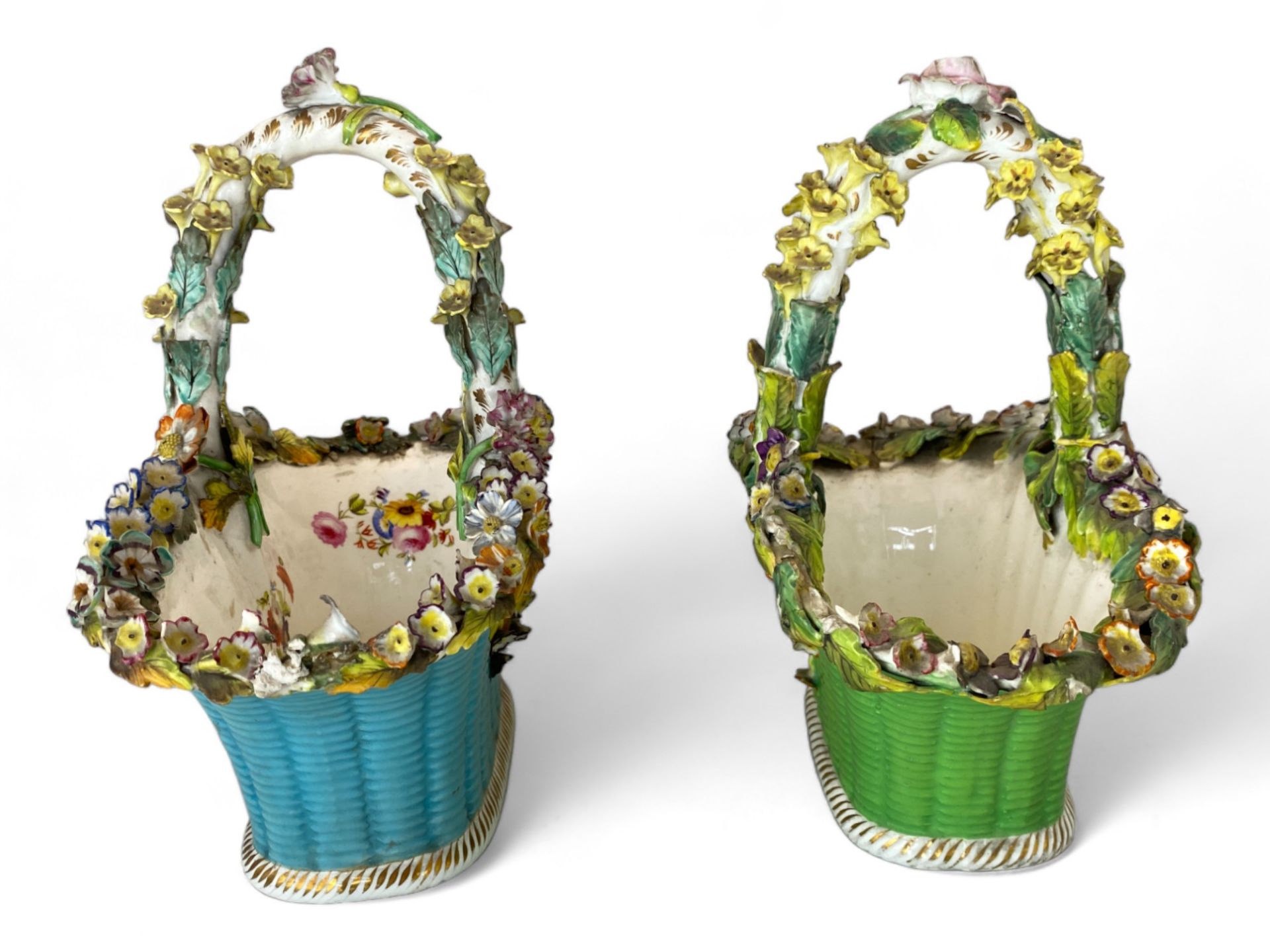 A pair of 19th century Coalbrookdale floral encrusted porcelain basket vases - Image 4 of 6