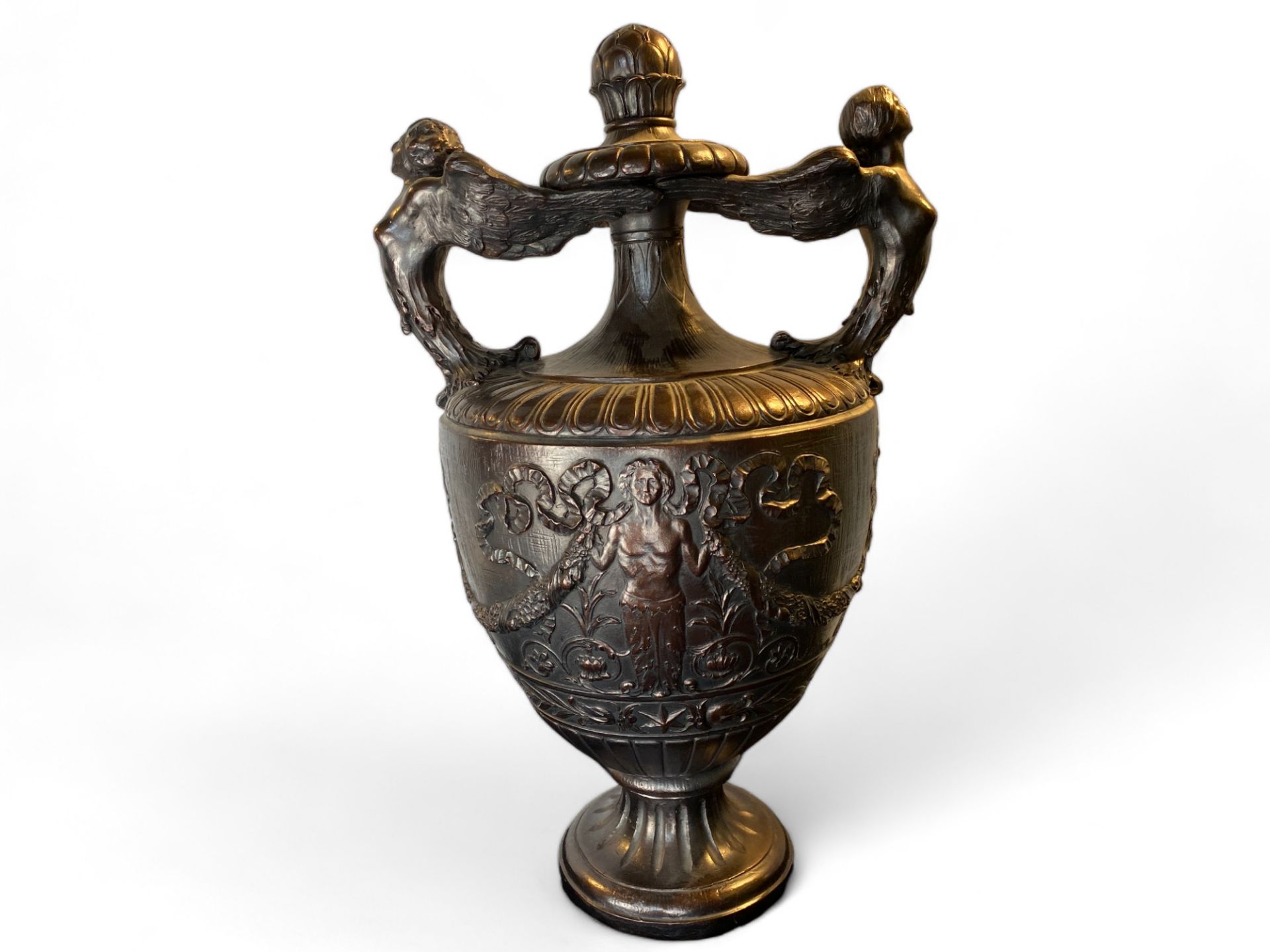 A large early 20th century terracotta classical twin handled urn with a metallic bronzed glaze - Image 5 of 7