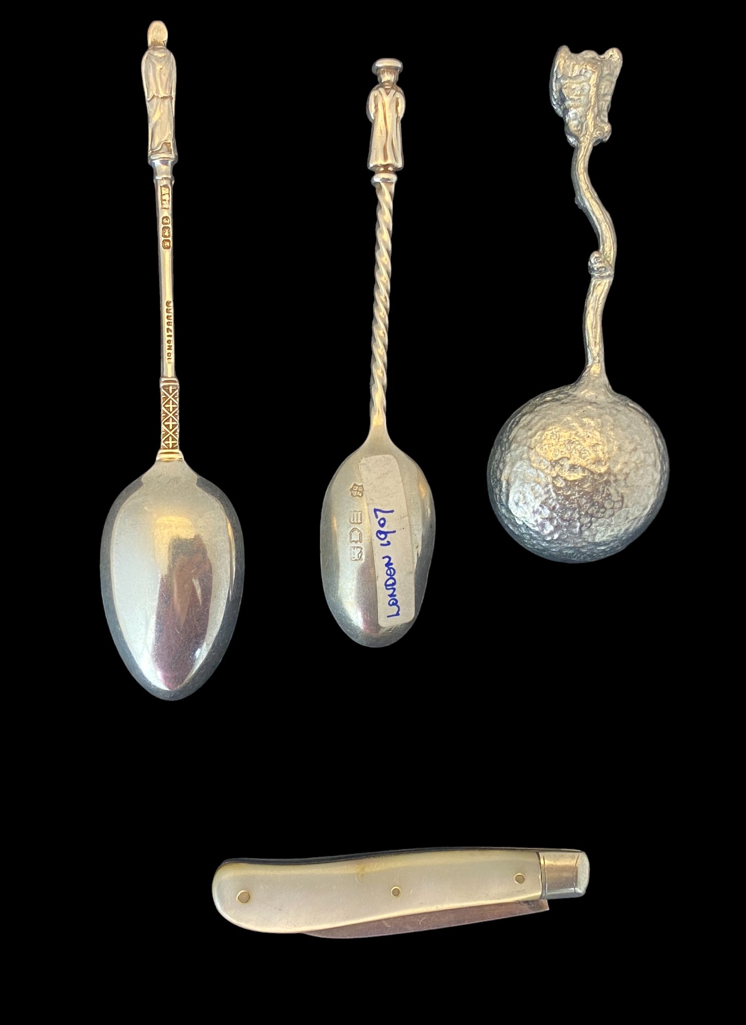 Two silver caddy spoons, another caddy spoon and a silver and mother-of-pearl fruit knife - Image 2 of 10