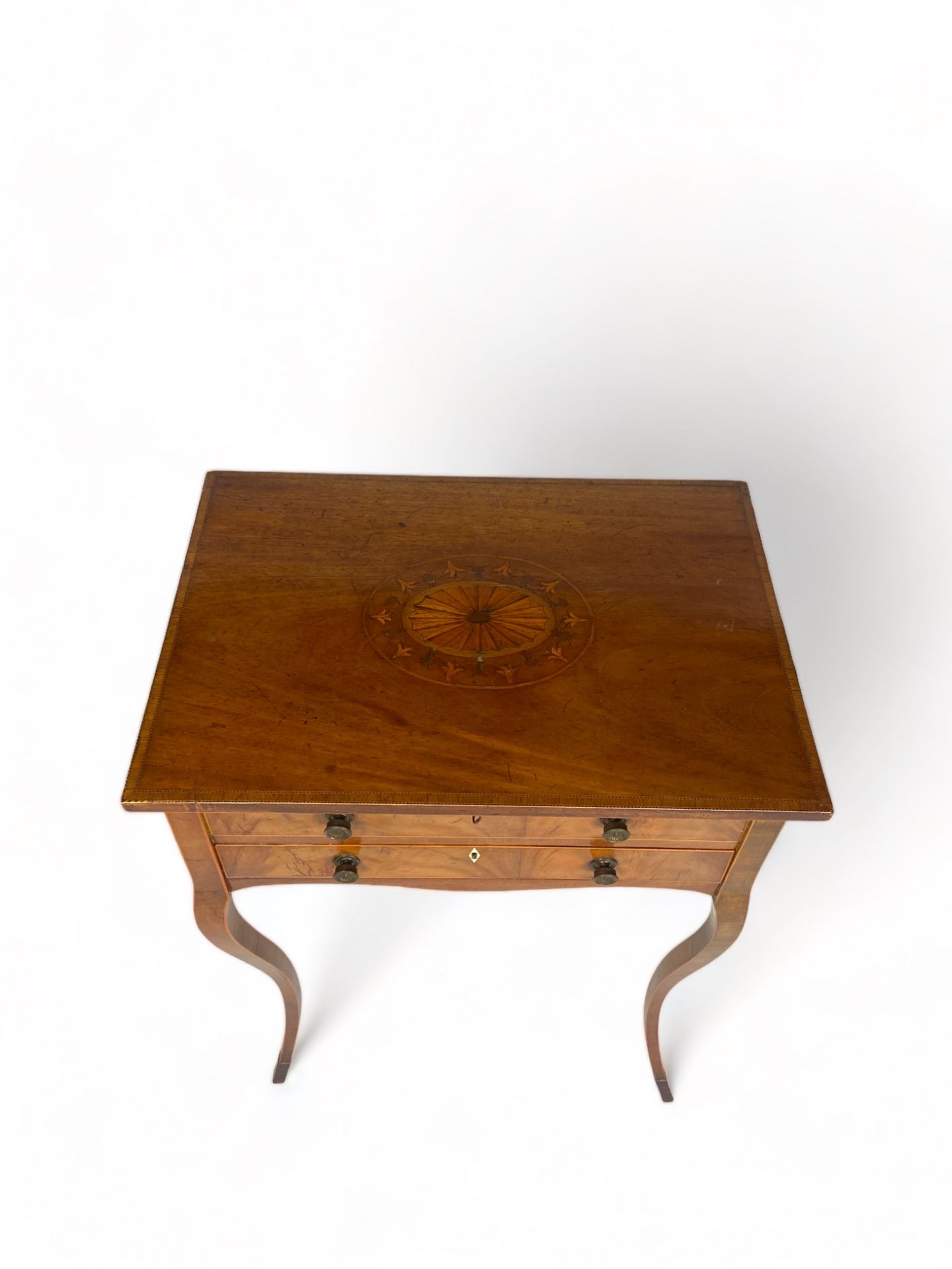 A George III mahogany and tulipwood banded and chequerbanded marquetry work table - Image 6 of 11