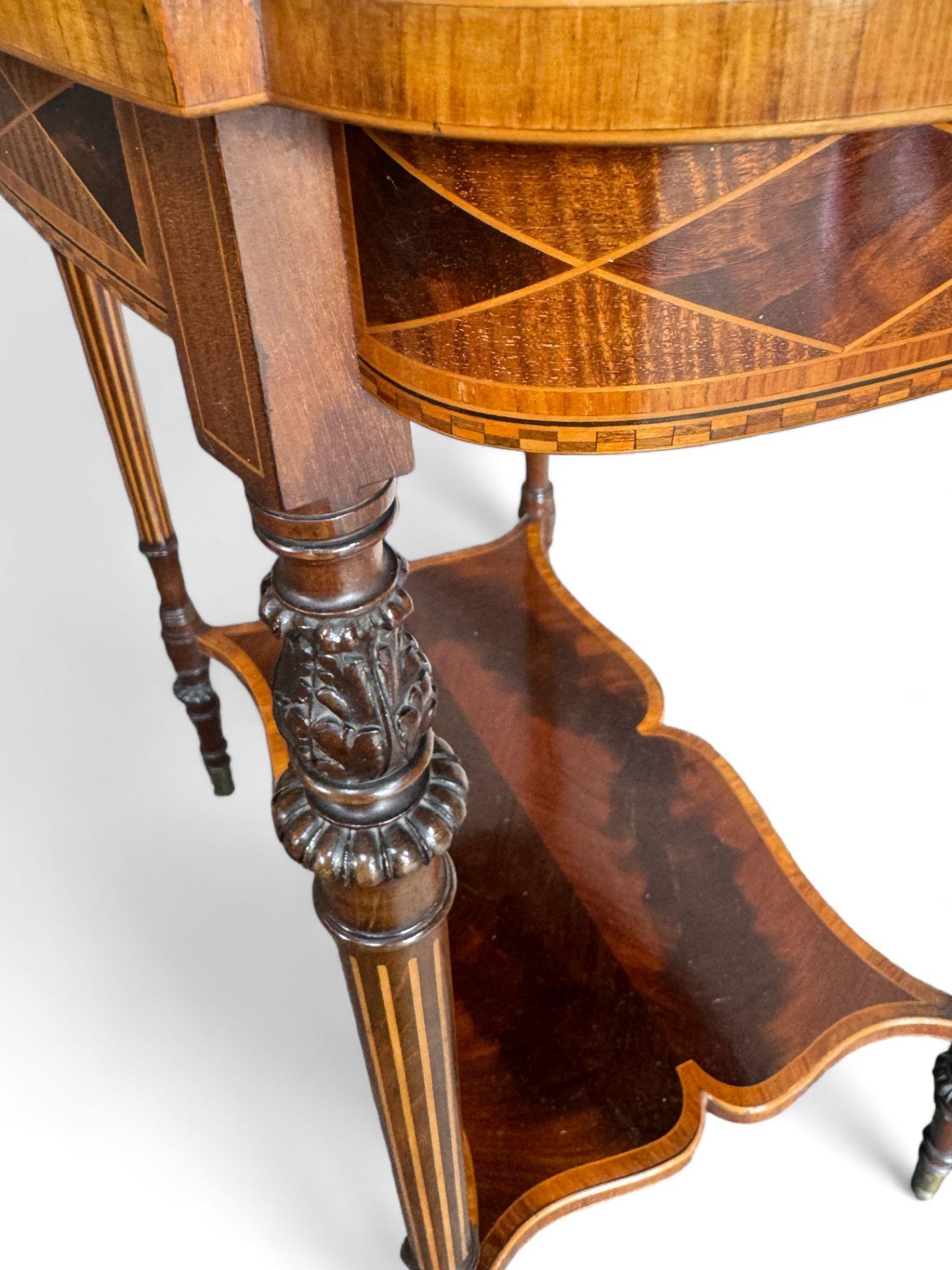 A fine late Victorian mahogany and sycamore marquetry two tier occasional table - Image 5 of 9