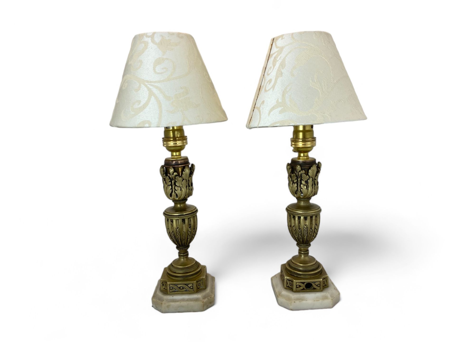 A pair late 19th /early 20th century French small gilt brass candlesticks converted to table lamps - Image 4 of 6