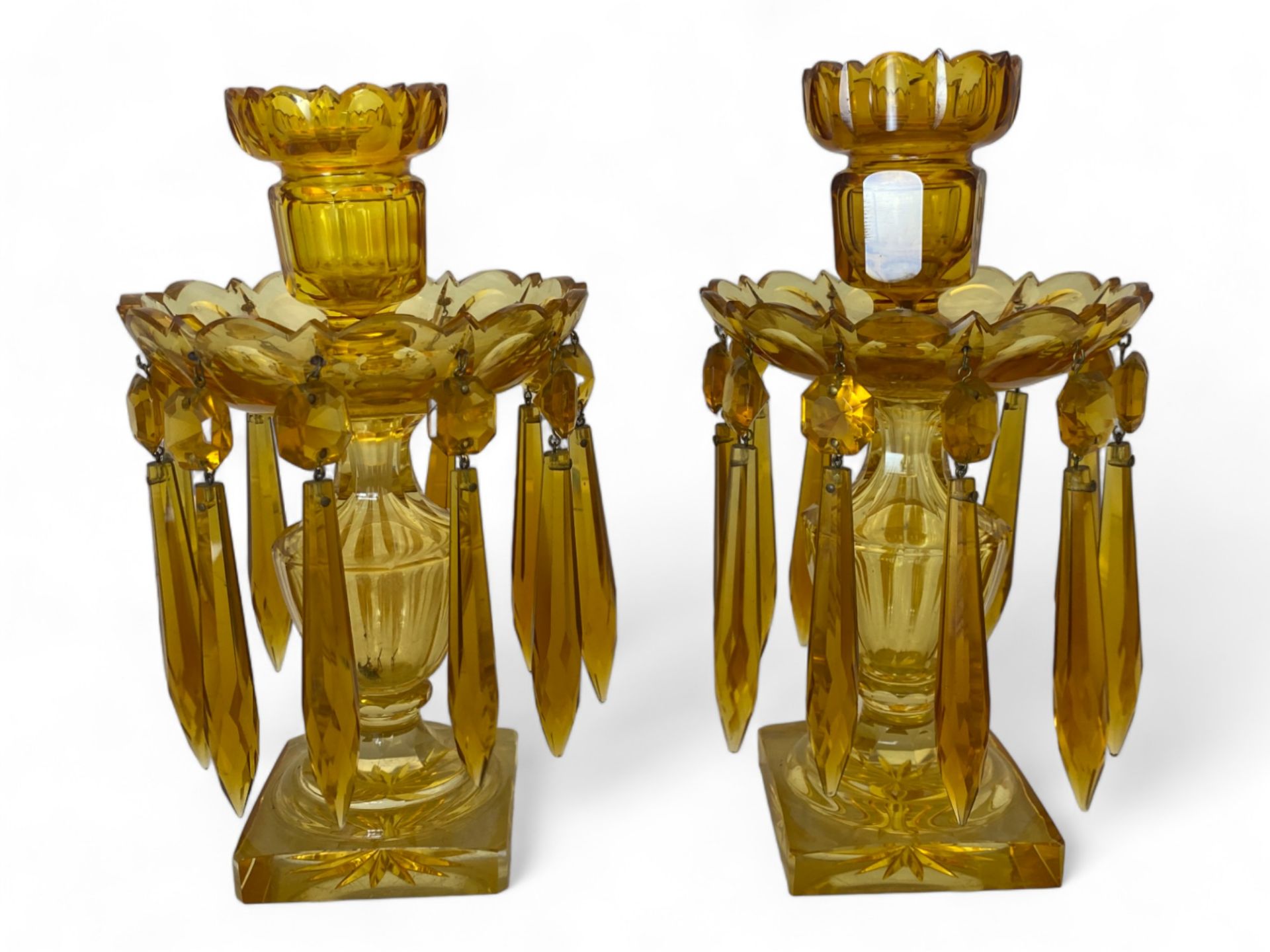 A pair of 19th century amber cut glass table lustres - Image 3 of 7