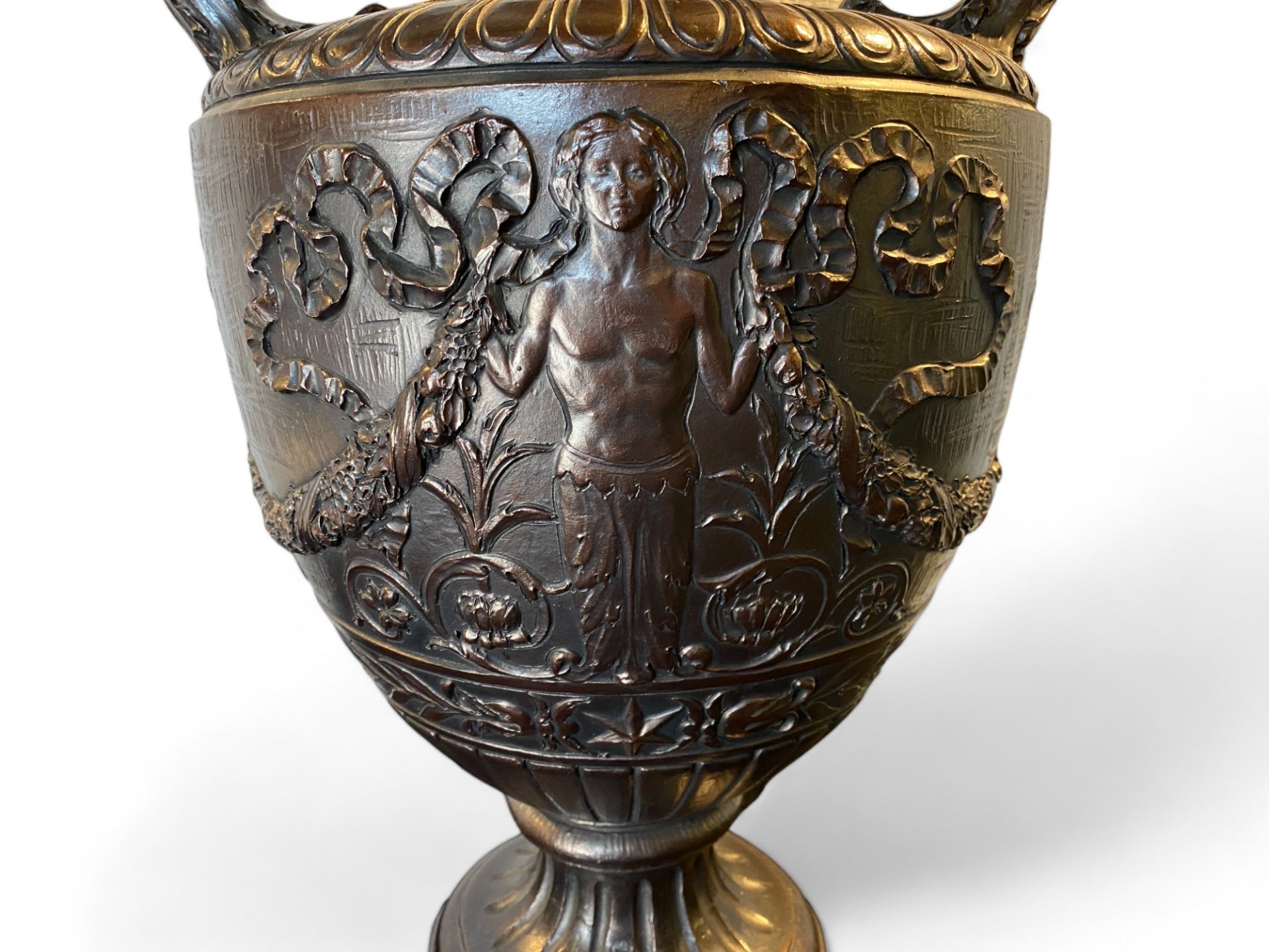 A large early 20th century terracotta classical twin handled urn with a metallic bronzed glaze - Image 2 of 7