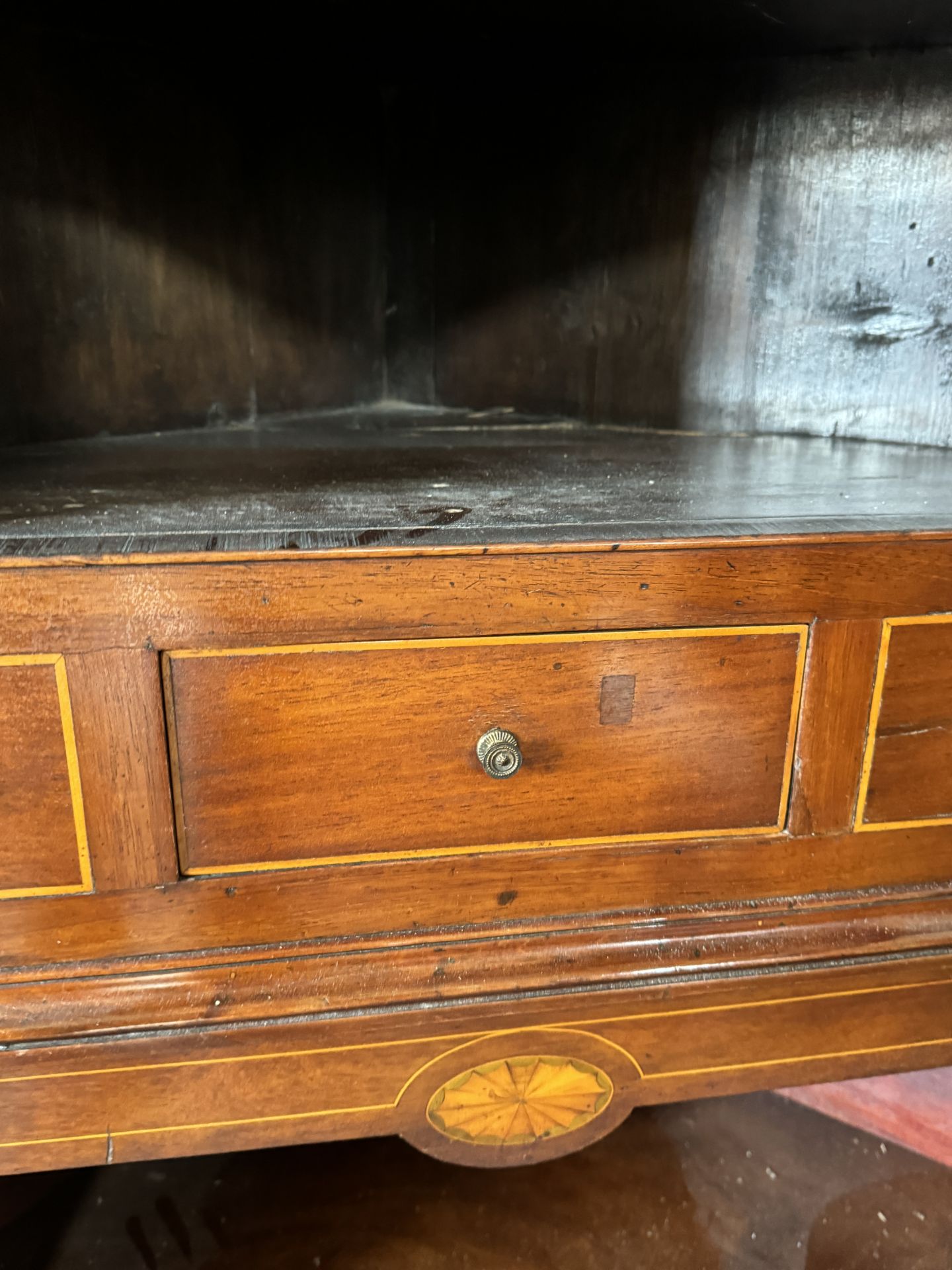 A mahogany and boxwood inlaid corner cupboard, late 18th century and later - Image 3 of 4