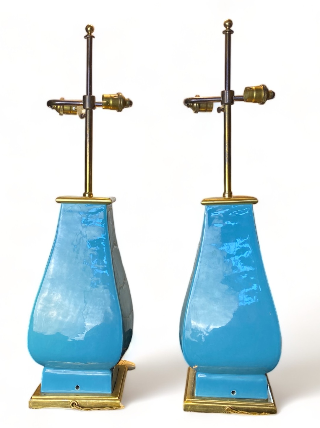 A pair of Mallets 20th century light blue ceramic twin-light table lamps - Image 3 of 6