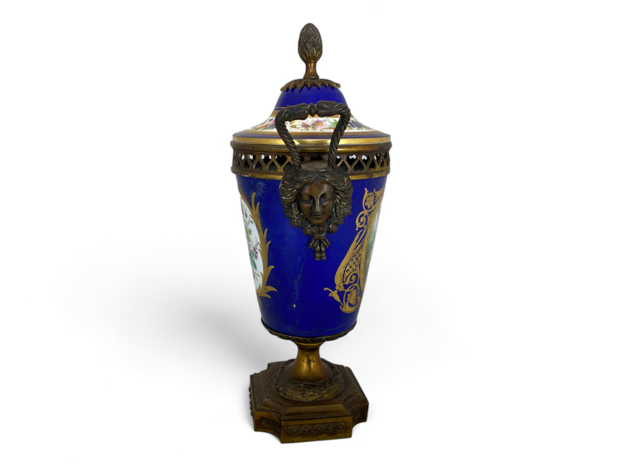 A 19th century Sèvres style porcelain and gilt bronze mounted beau bleu cup and cover - Image 4 of 10