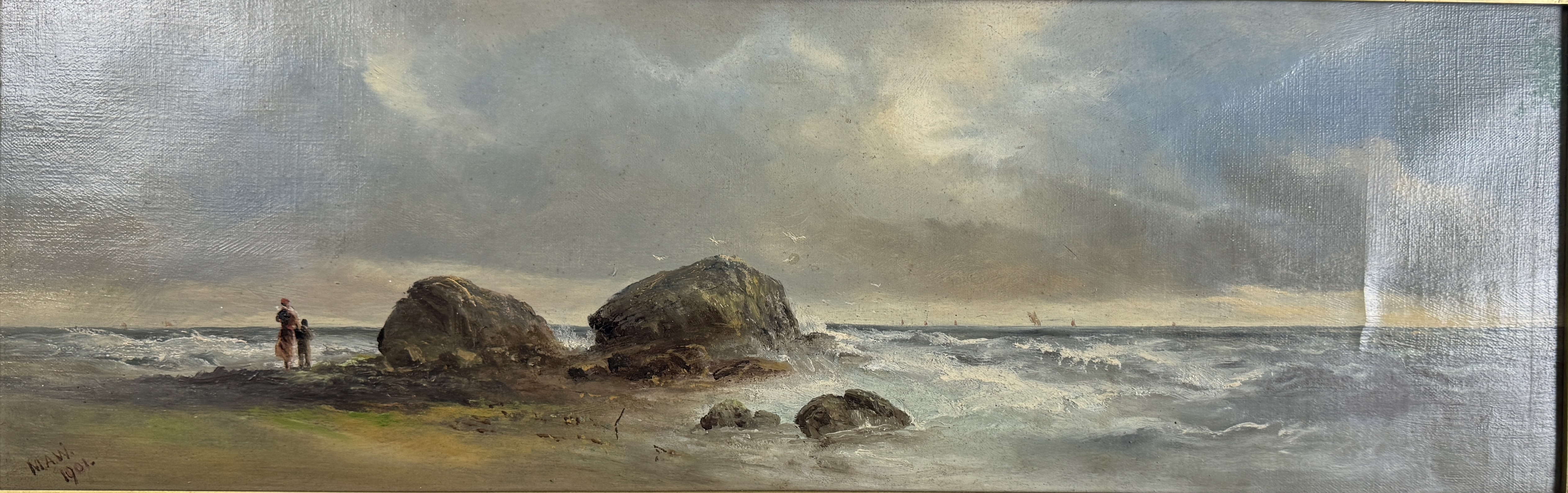 M.A.W (English, late 19th century) Figures on a stormy shoreline, dated 1901 - Image 3 of 5