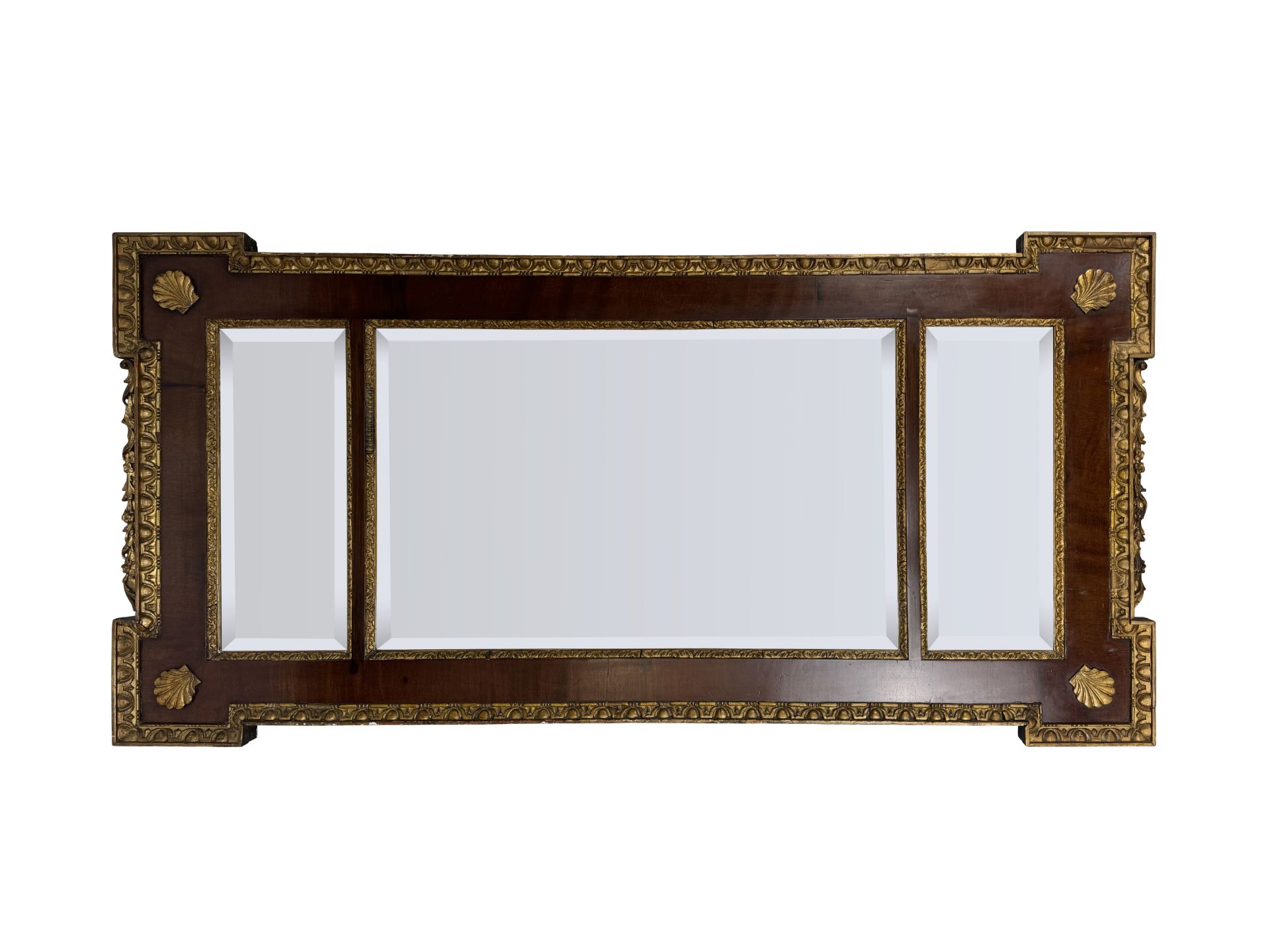 A George II style mahogany and parcel gilt triple plate landscape mirror