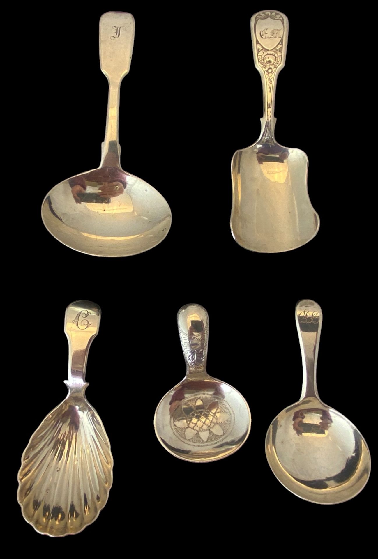 A group of five silver caddy spoons