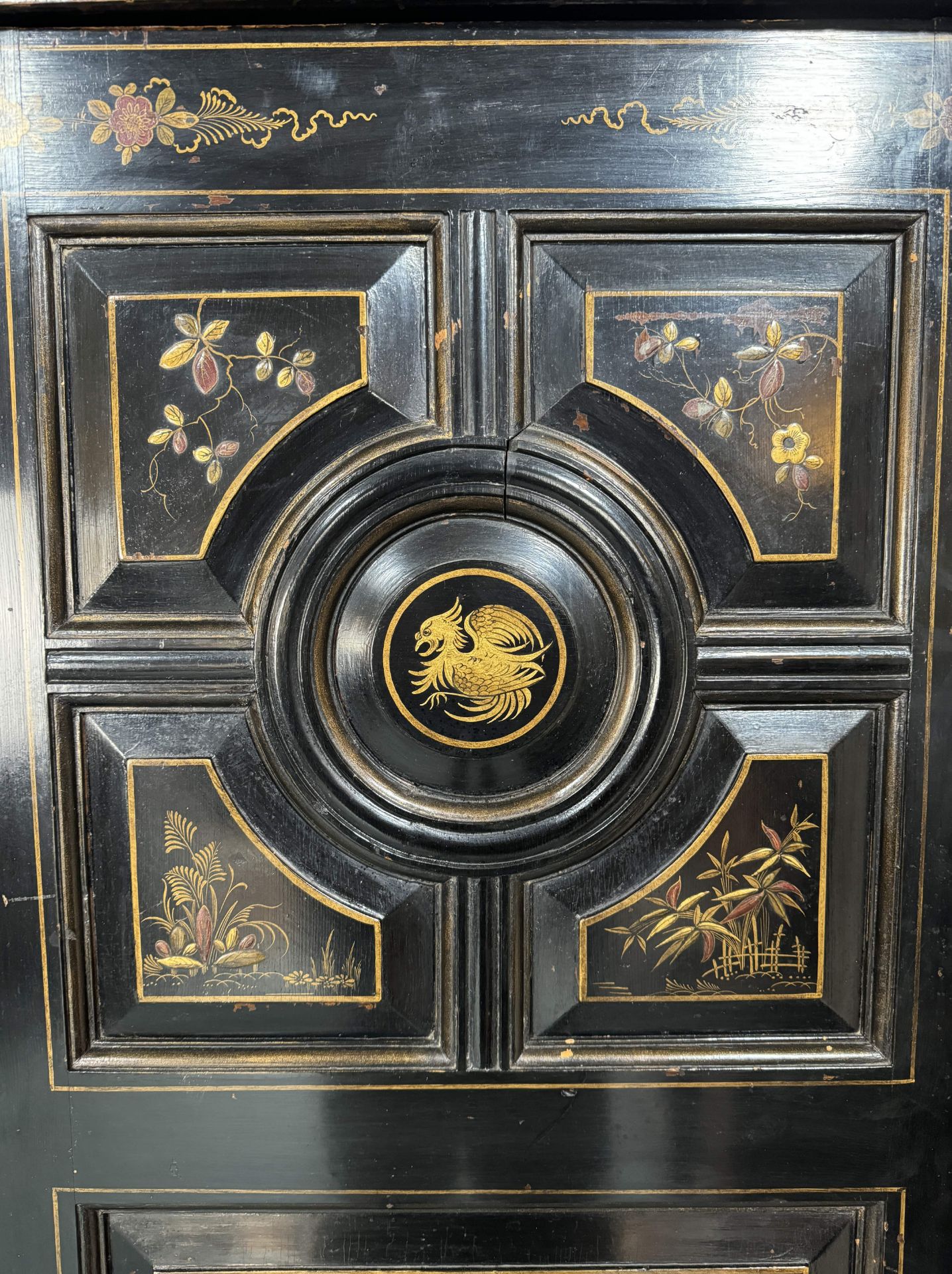 A Victorian Aesthetic period ebonised and decorated triple wardrobe - Image 5 of 20