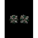 A pair of diamond and green stone cluster stud earrings