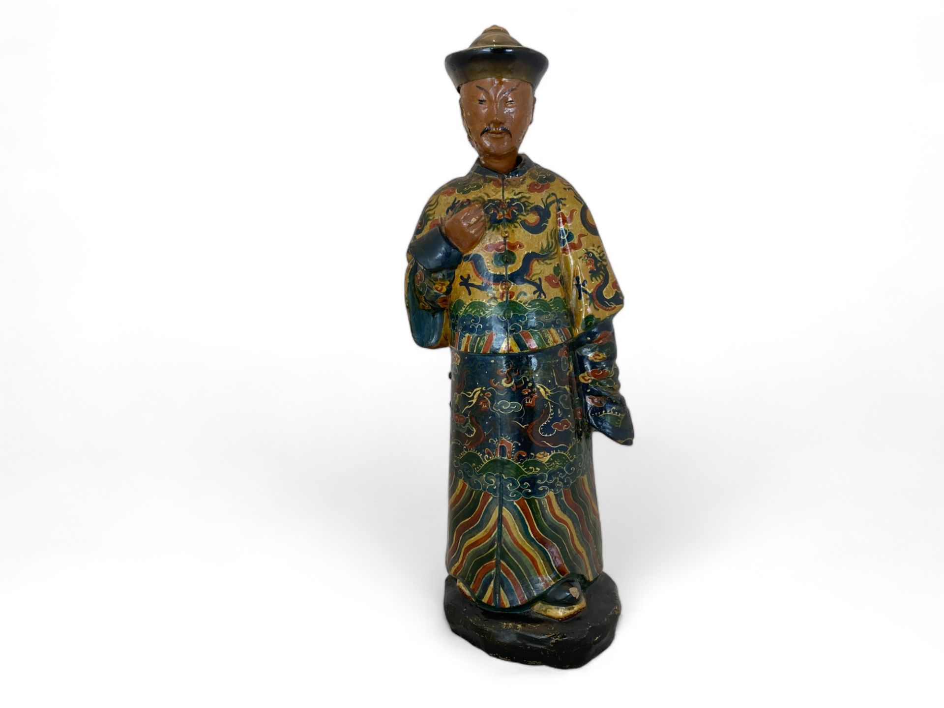 A 19th century Chinese-Export hand painted clay figure of a mandarin with nodding head