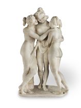 An early 20th century alabaster figural group of 'The Three Graces', retailed by Klein, Paris