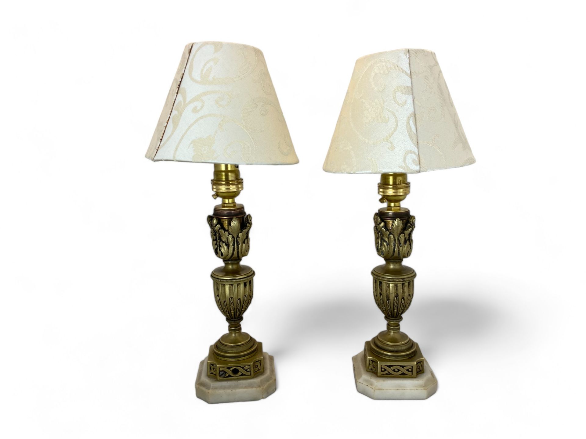 A pair late 19th /early 20th century French small gilt brass candlesticks converted to table lamps - Image 3 of 6