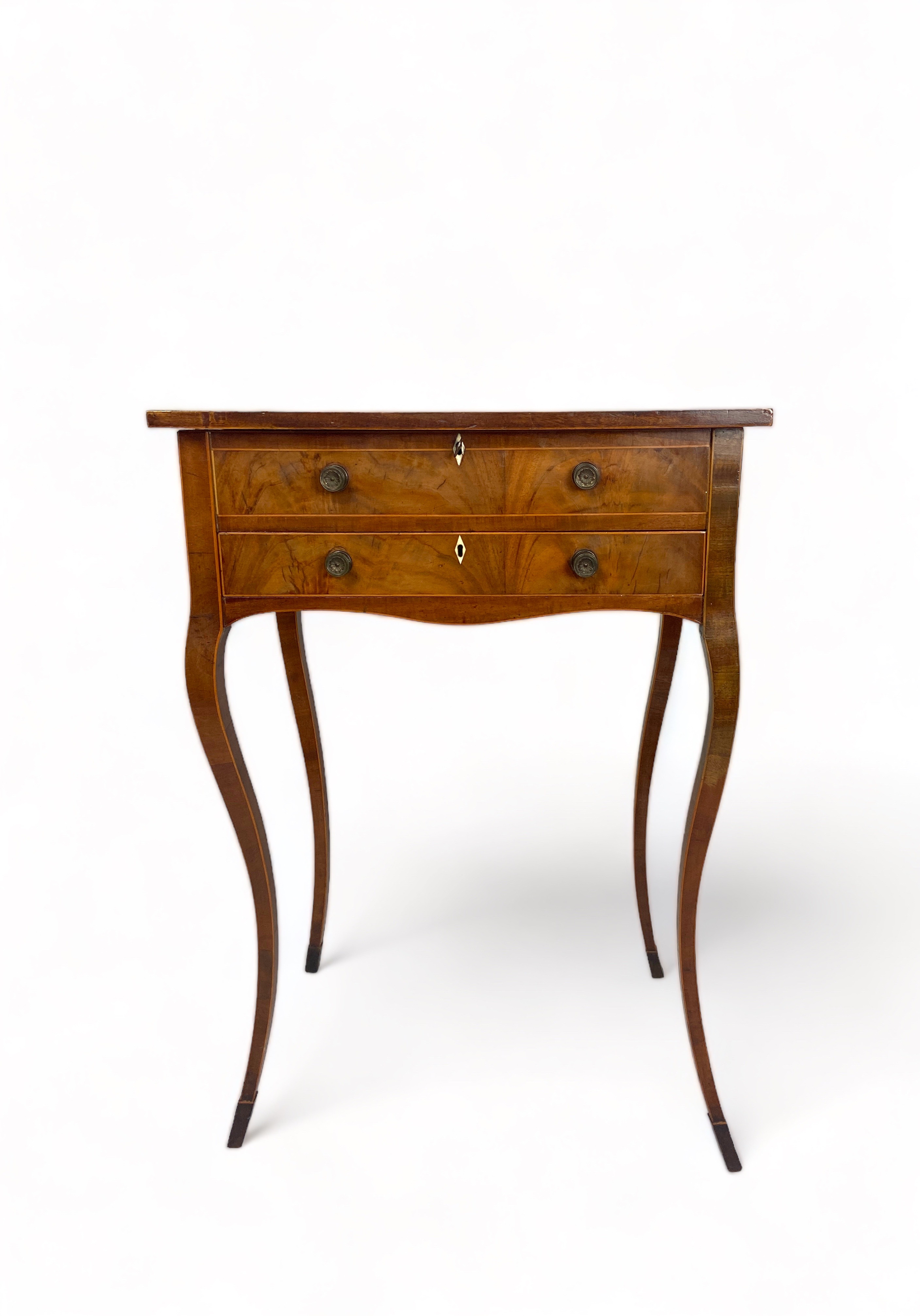 A George III mahogany and tulipwood banded and chequerbanded marquetry work table - Image 7 of 11
