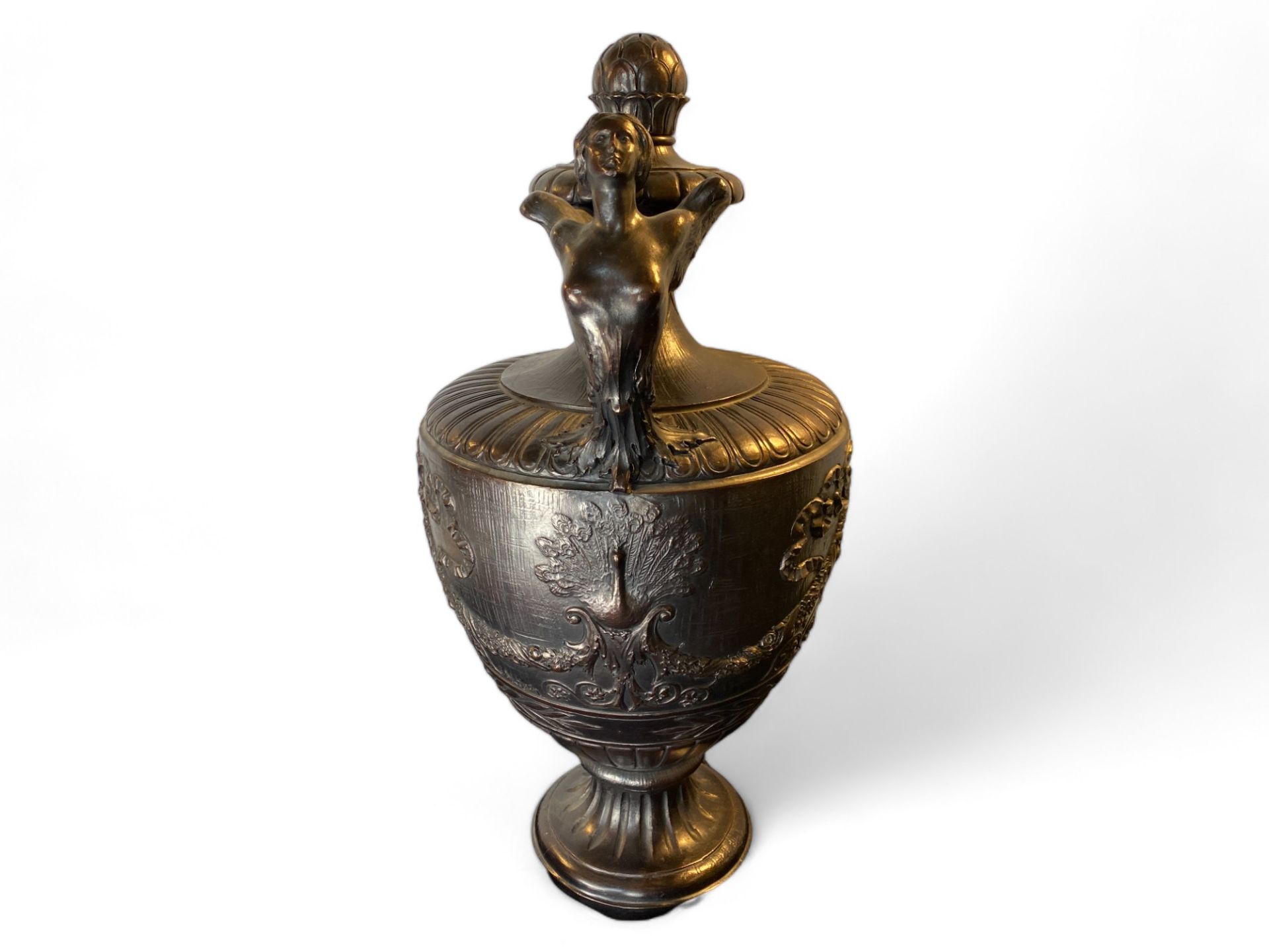 A large early 20th century terracotta classical twin handled urn with a metallic bronzed glaze - Image 6 of 7