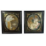 A pair of late 18th century oval silk embroidered pictures in rectangular verre eglomisé mounts