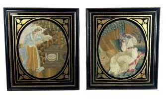 A pair of late 18th century oval silk embroidered pictures in rectangular verre eglomisé mounts