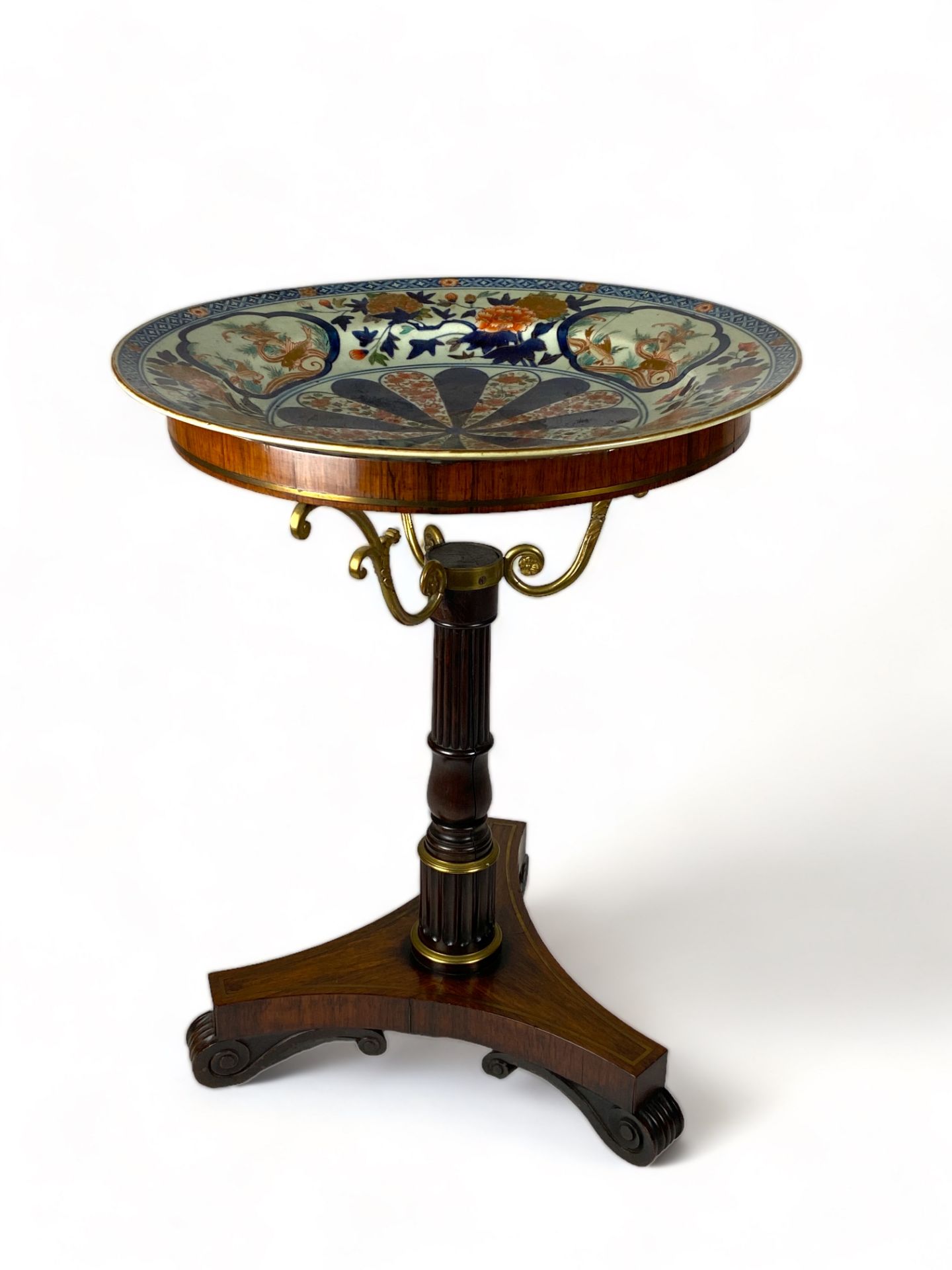 A Regency rosewood and gilt bronze mounted basin or jardiniere stand with and Edo period Imari dish