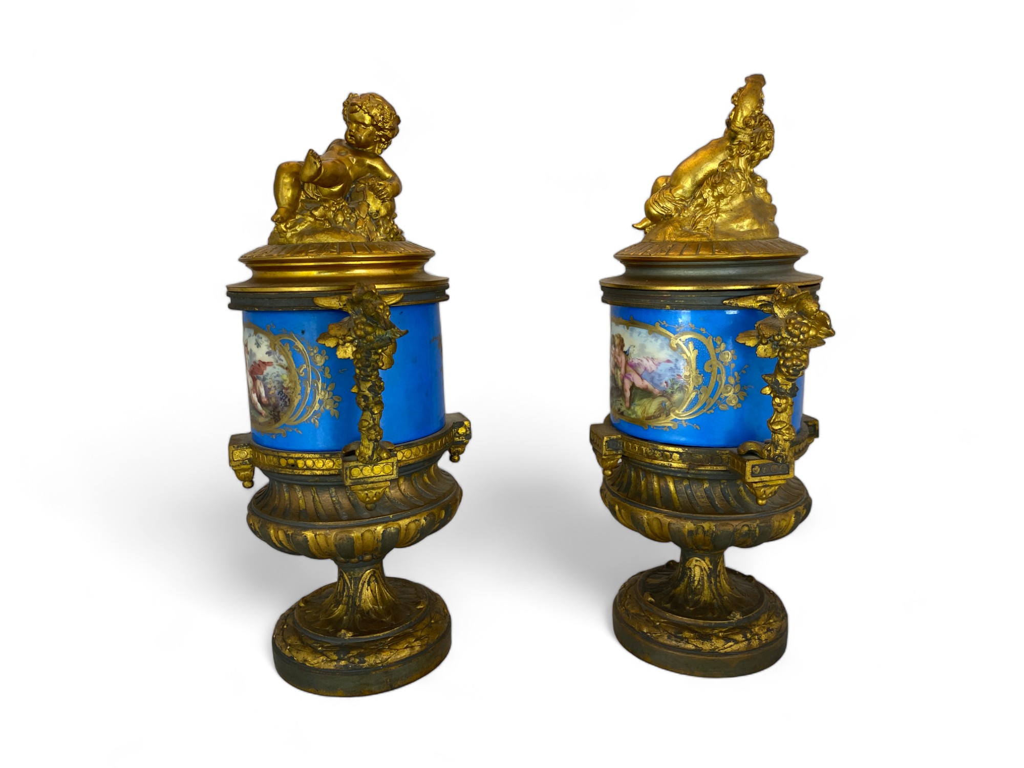 A pair of 19th century French gilt bronze mounted Sevres style turquoise glazed porcelain urns and c - Image 2 of 15