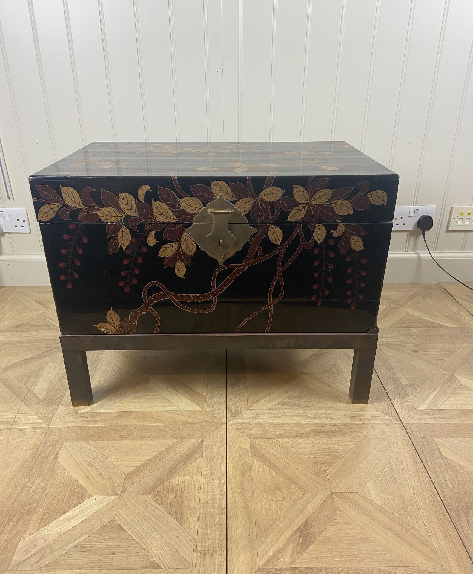 A 20th century Chinese black and gilt lacquer box on a metal stand - Image 2 of 5