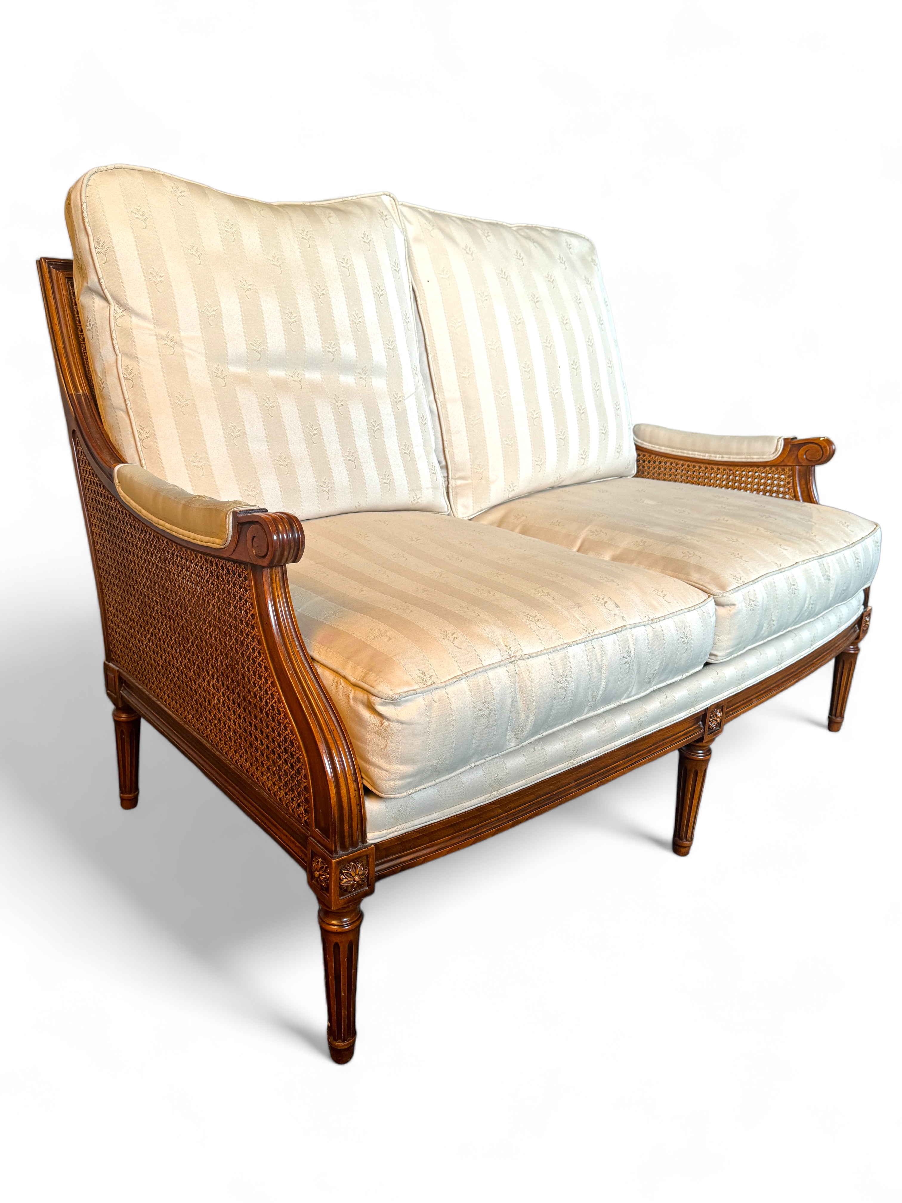 A Louis XVI style stained beech bergere settee - Image 4 of 5