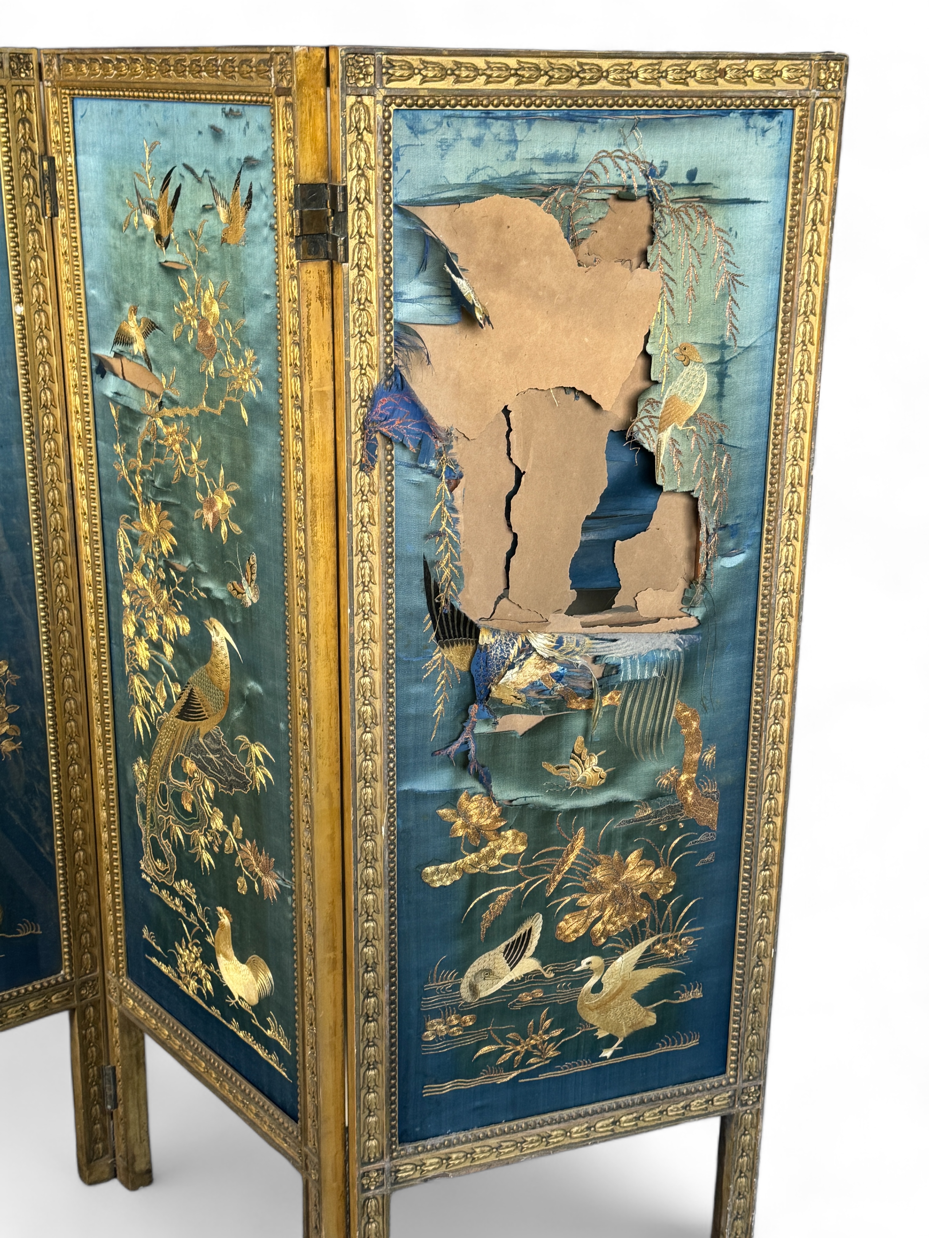 A 19th century French Louis XVI style four fold giltwood screen with panels of Chinese silk embroide - Image 3 of 5