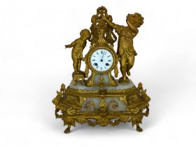 A late 19th century French gilt spelter and onyx figural mantel clock by Lecler, Jeune