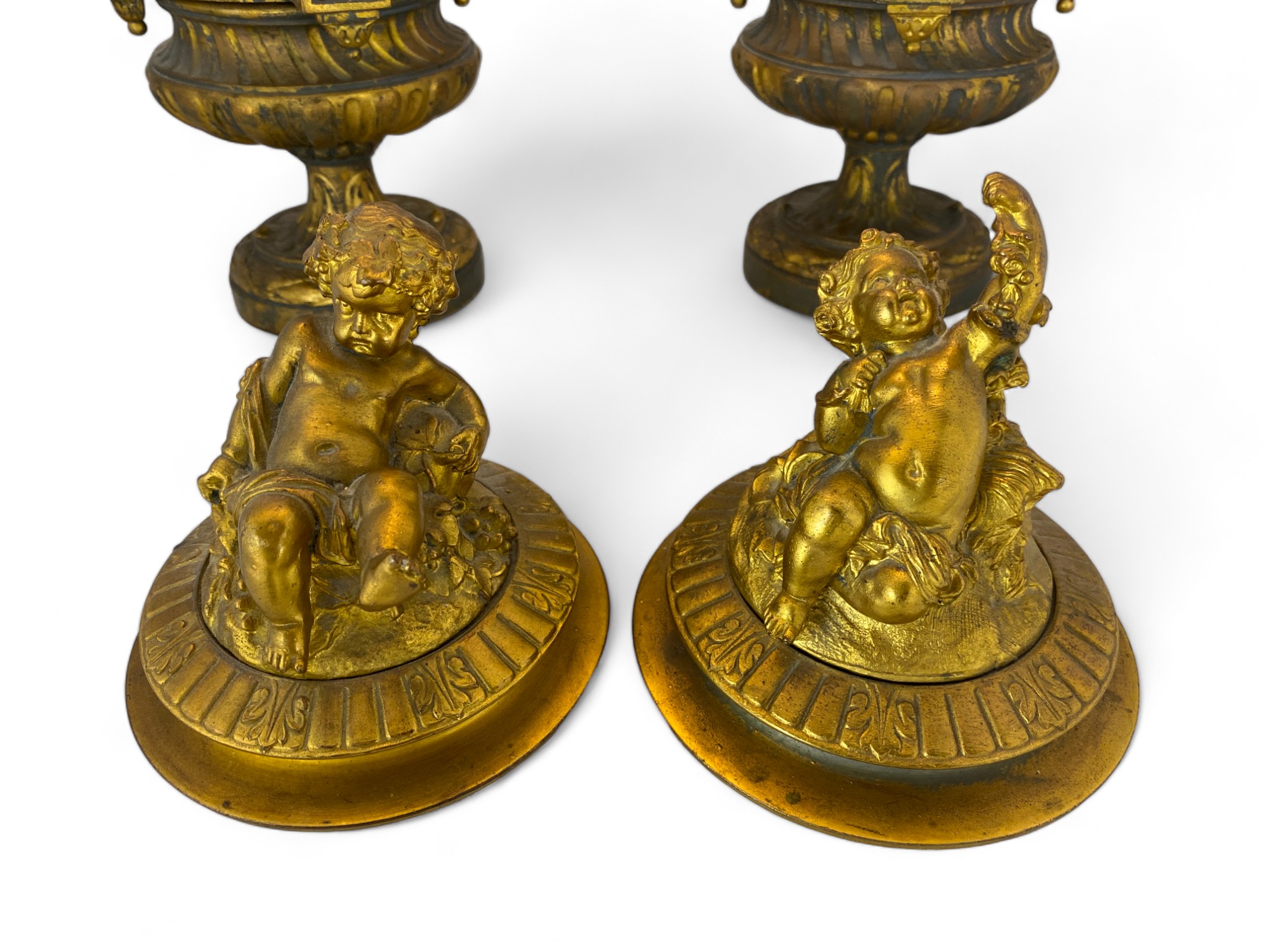 A pair of 19th century French gilt bronze mounted Sevres style turquoise glazed porcelain urns and c - Image 5 of 15