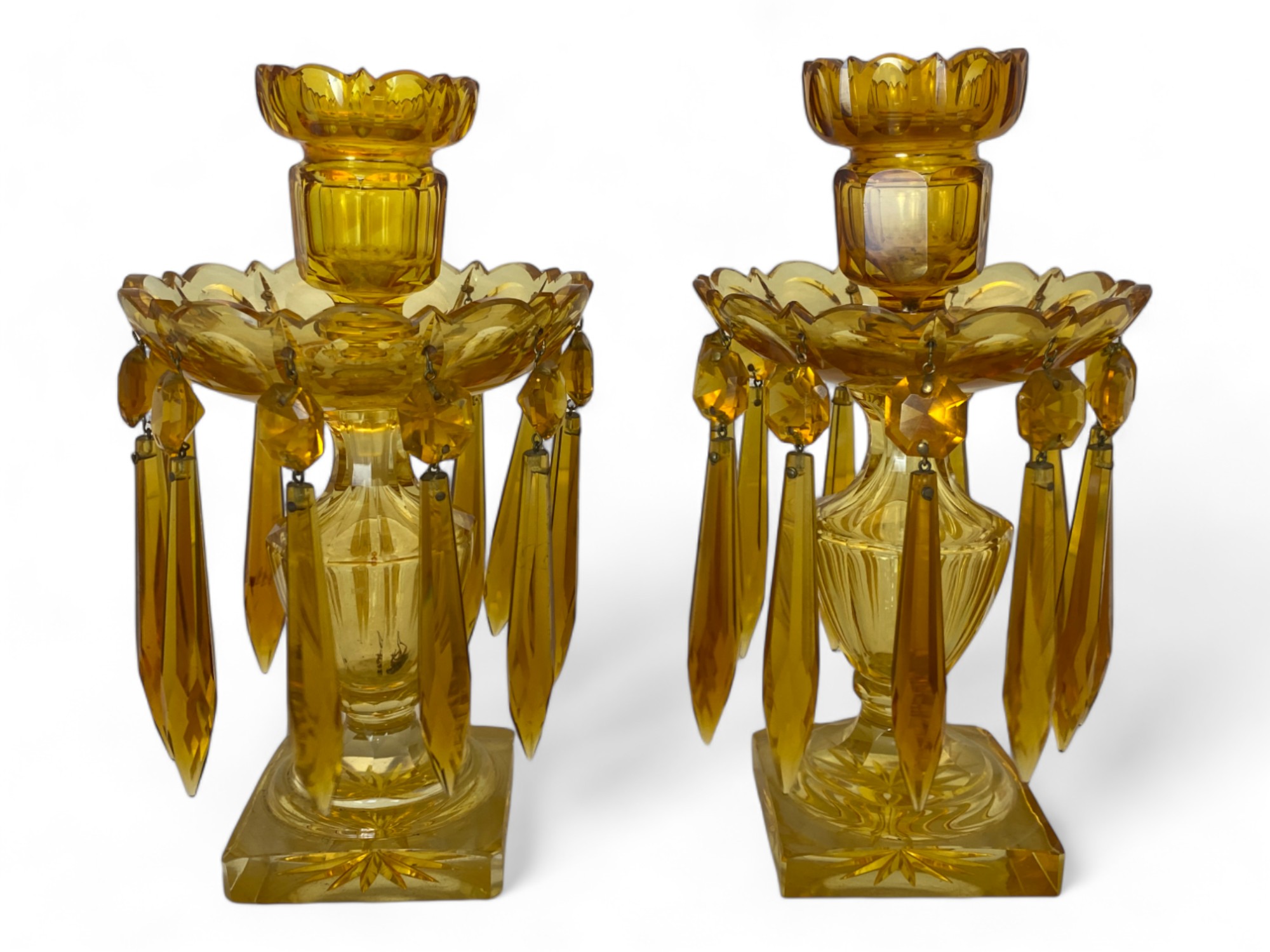 A pair of 19th century amber cut glass table lustres - Image 2 of 7