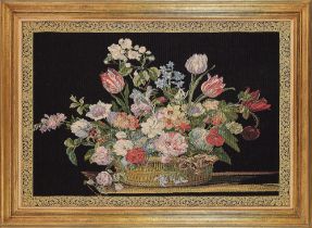 A large Belgian Metrax tapestry depicting a still life of a vase of flowers
