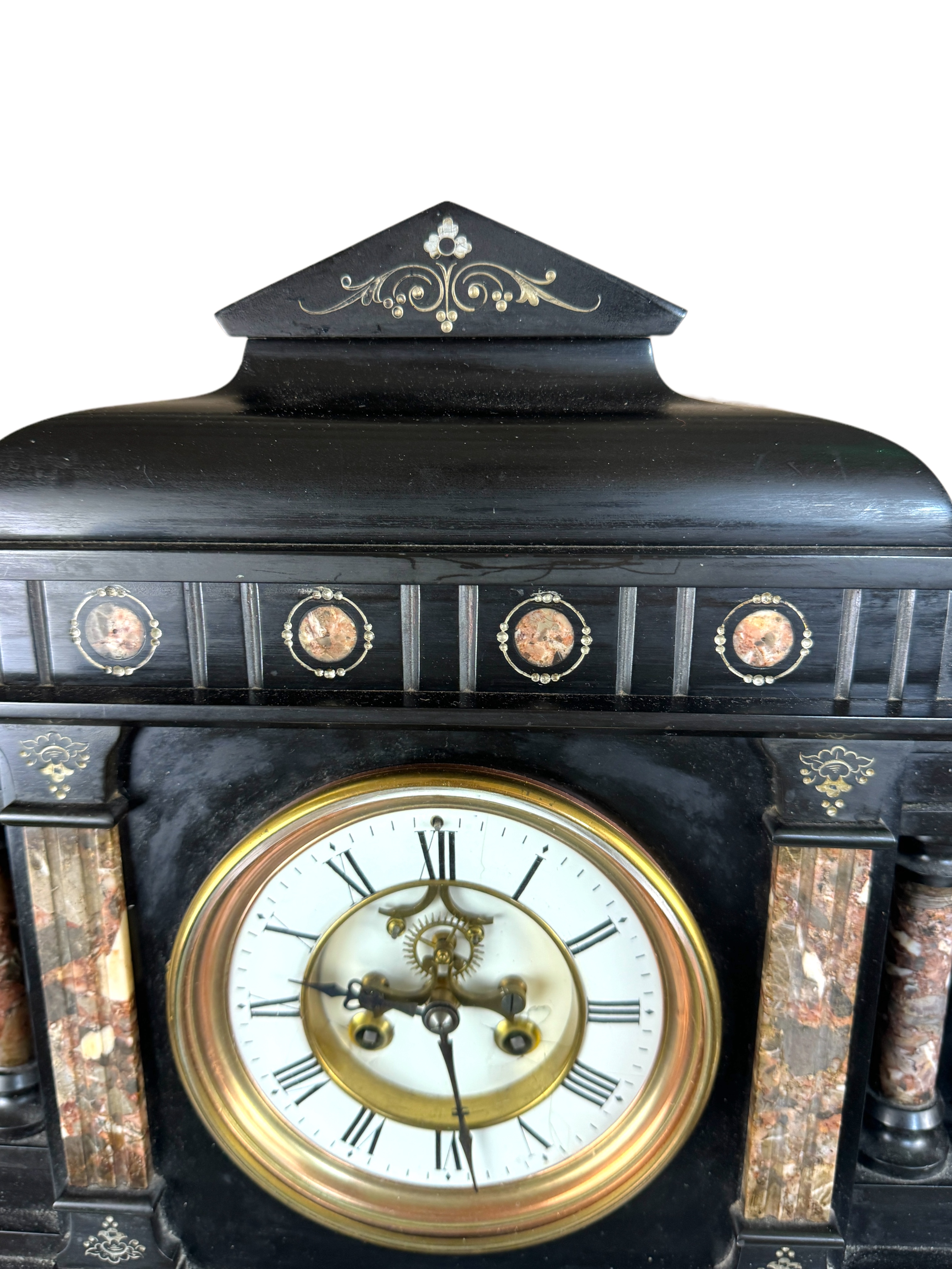 A large mid 19th century black slate and brescia marble mantel clock by Vincenti & Cie - Image 3 of 7