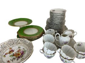 A Soho Pottery Solian ware green and gilt dessert service, a Limoges attributed tea set and a pair o