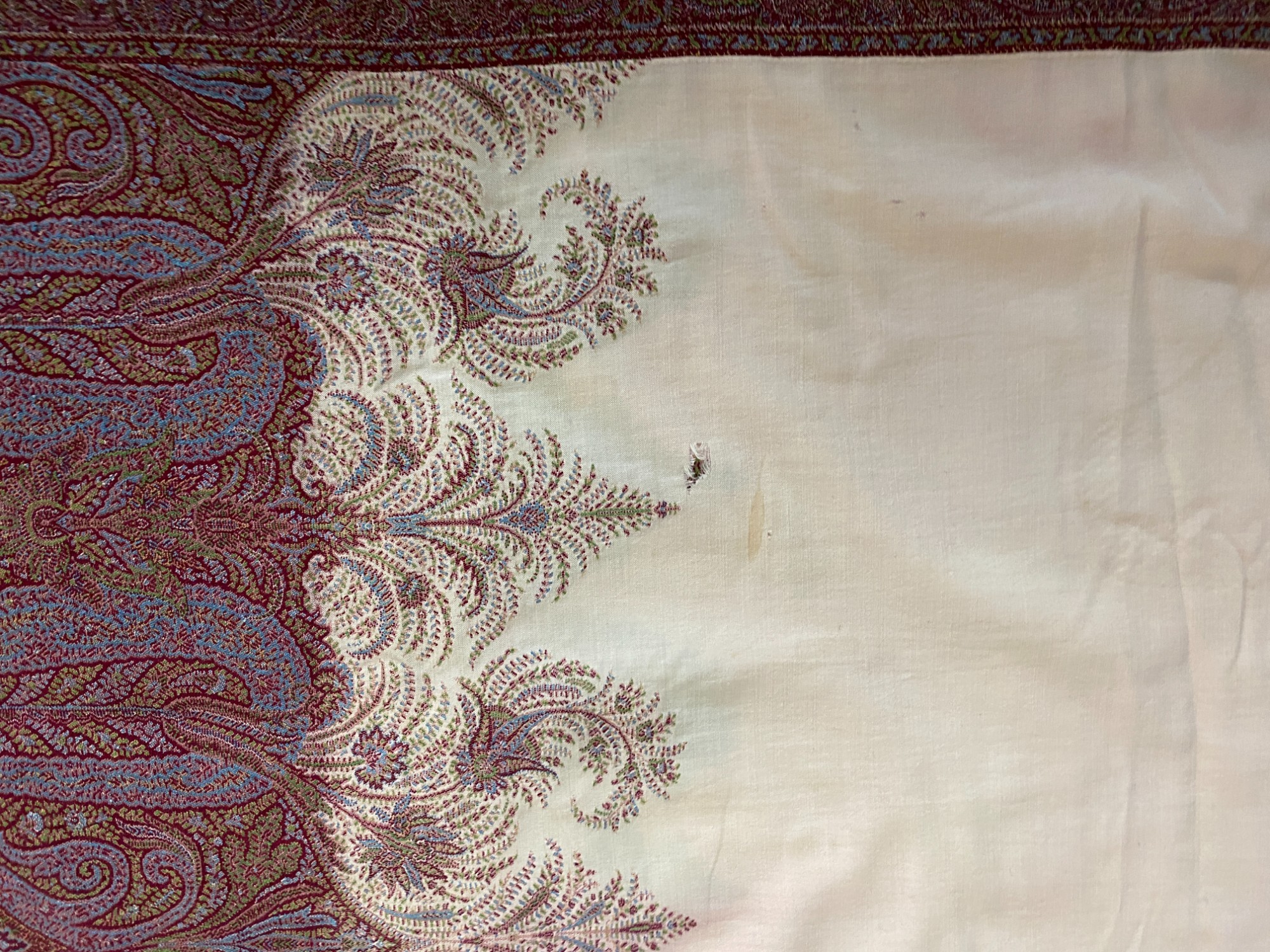 A 19th century red, brown and blue paisley cotton shawl together with another shawl - Image 9 of 13