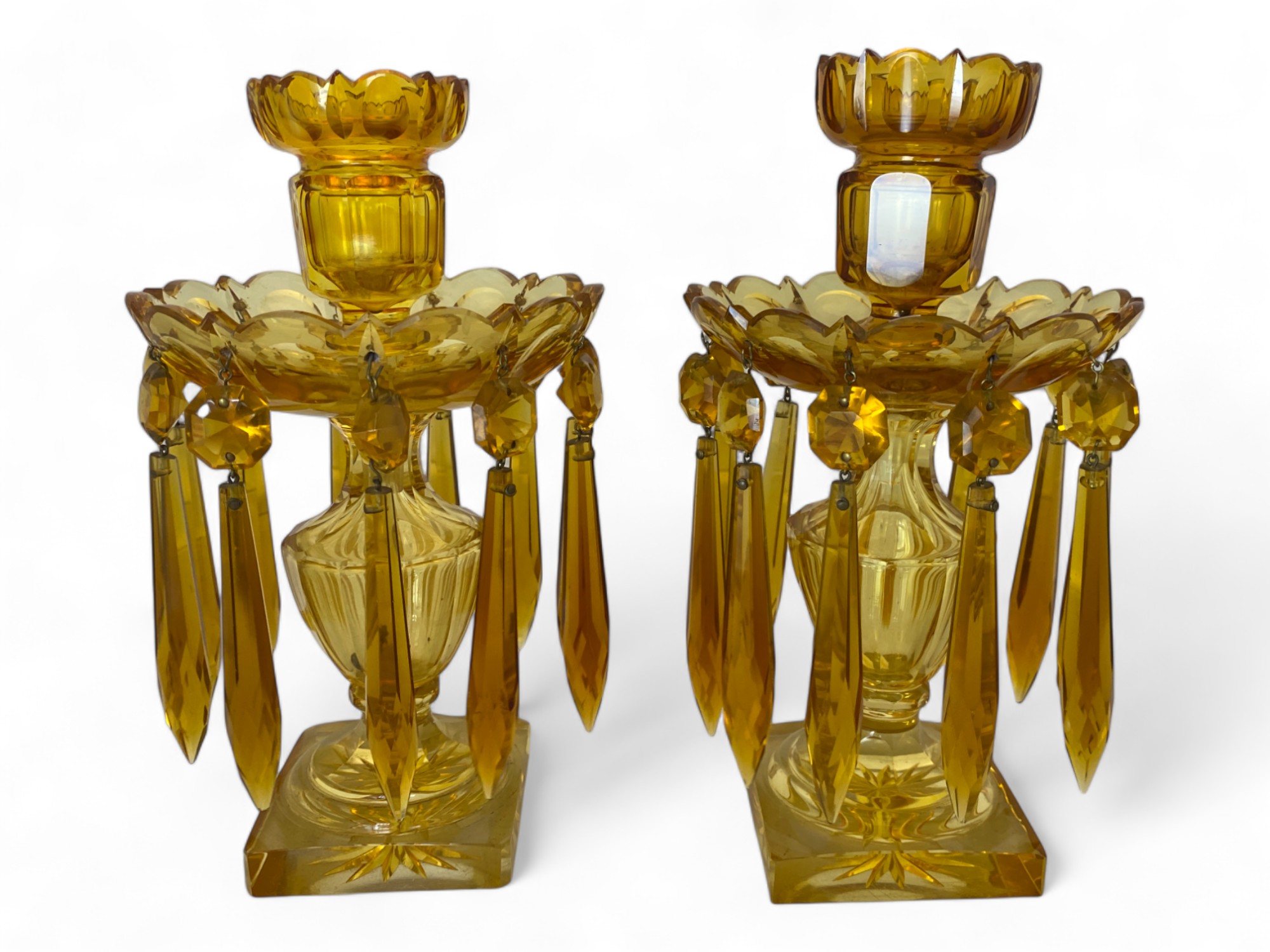 A pair of 19th century amber cut glass table lustres - Image 4 of 7