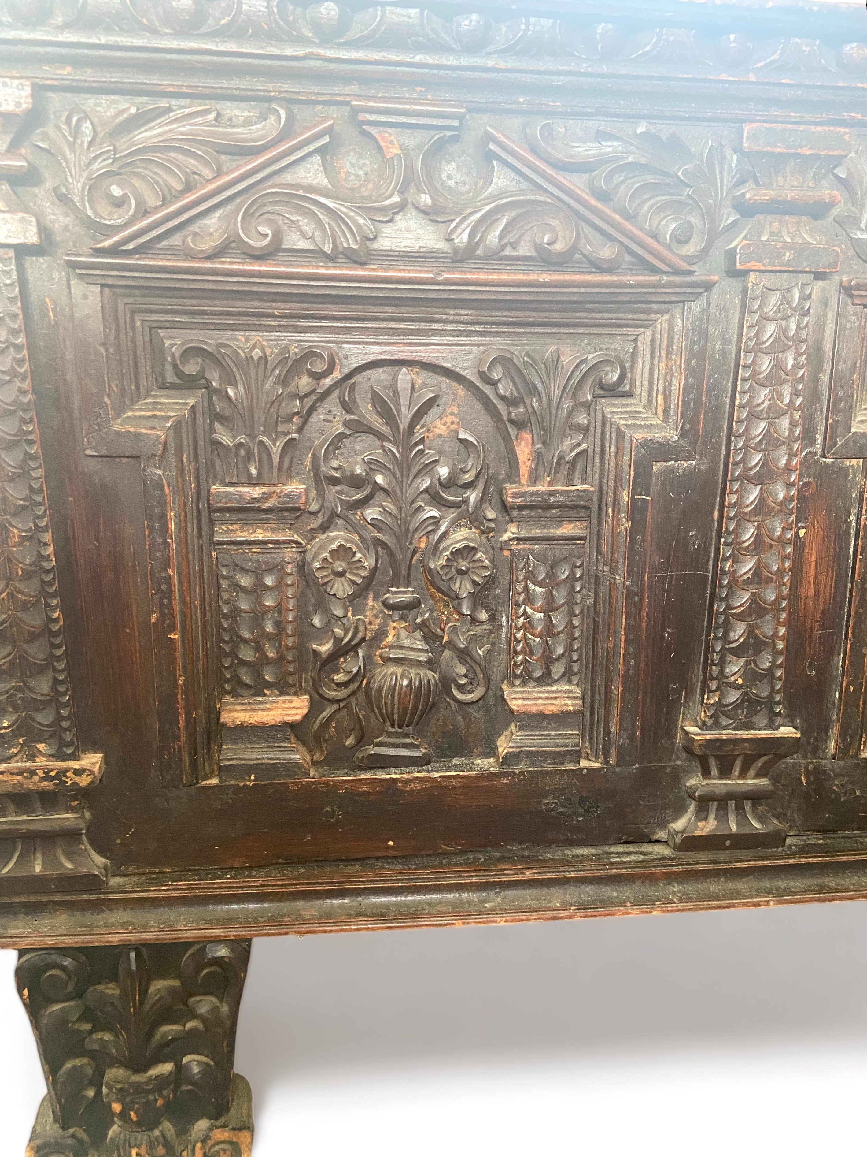 A large 17th century carved stained pine chest, Northern European - Image 3 of 6